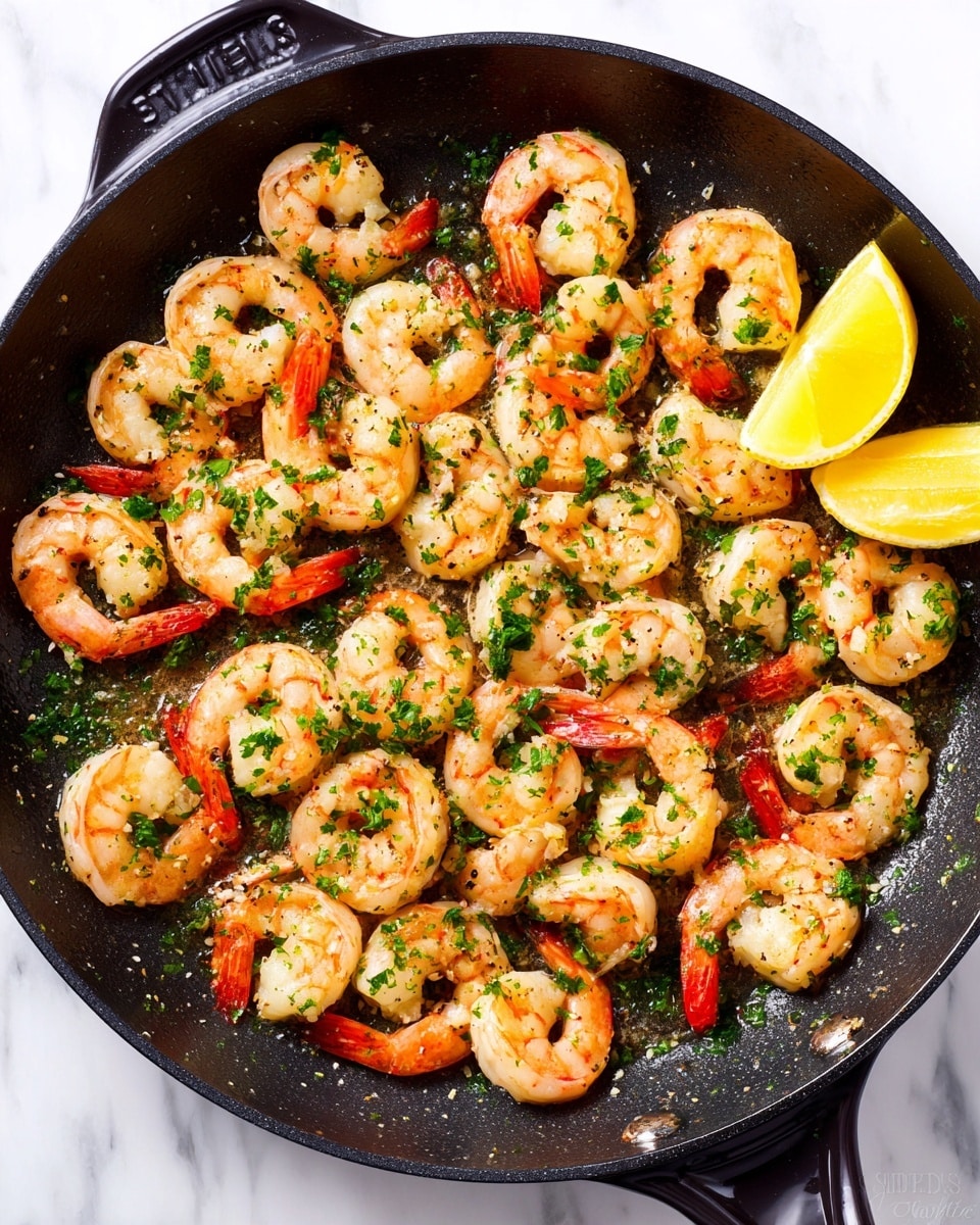 A black cooking pan filled with cooked shrimp arranged evenly all over the surface, each shrimp having a light orange to pale pink color with a slight shine, garnished with small bright green parsley leaves scattered on top. On the right side of the pan, there are two lemon wedges placed close together, adding a touch of bright yellow color. The pan handle is partially visible and the whole pan is set on a white marbled surface. The shrimp and garnishes look juicy and freshly cooked. photo taken with an iphone --ar 4:5 --v 7