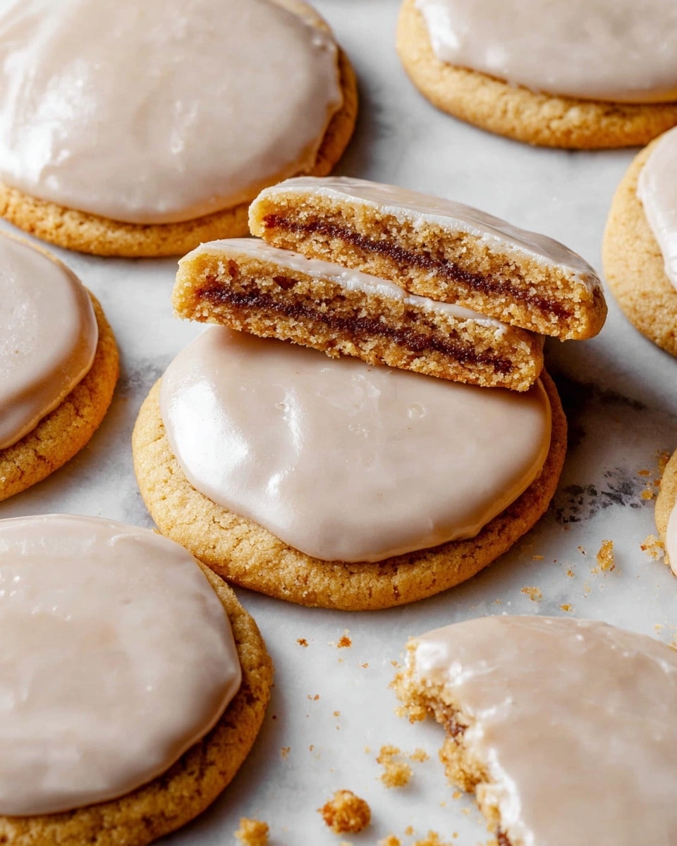 The image shows a group of round cookies with a light brown icing layer on top. Each cookie has one smooth icing layer that looks creamy and shiny covering the golden brown cookie underneath. One cookie is broken in half, showing two layers inside: a soft outer cookie layer and a dark brown, slightly crumbly filling inside. The cookies are placed on a white marbled surface with cookie crumbs scattered around. Photo taken with an iphone --ar 4:5 --v 7