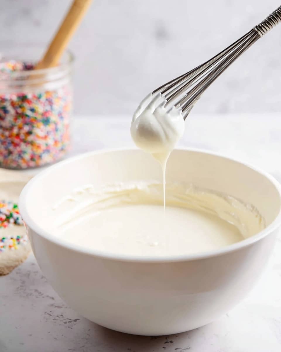 A close-up image showing a white mixing bowl filled with smooth, thick white batter. A silver fork is held above the bowl, dripping some of the batter back into it. The background features a white marbled texture and a blurry container filled with colorful sprinkles. A wooden spatula handle is faintly visible on the left side. The scene highlights the creamy texture of the batter and the shiny surface of the fork photo taken with an iphone --ar 4:5 --v 7