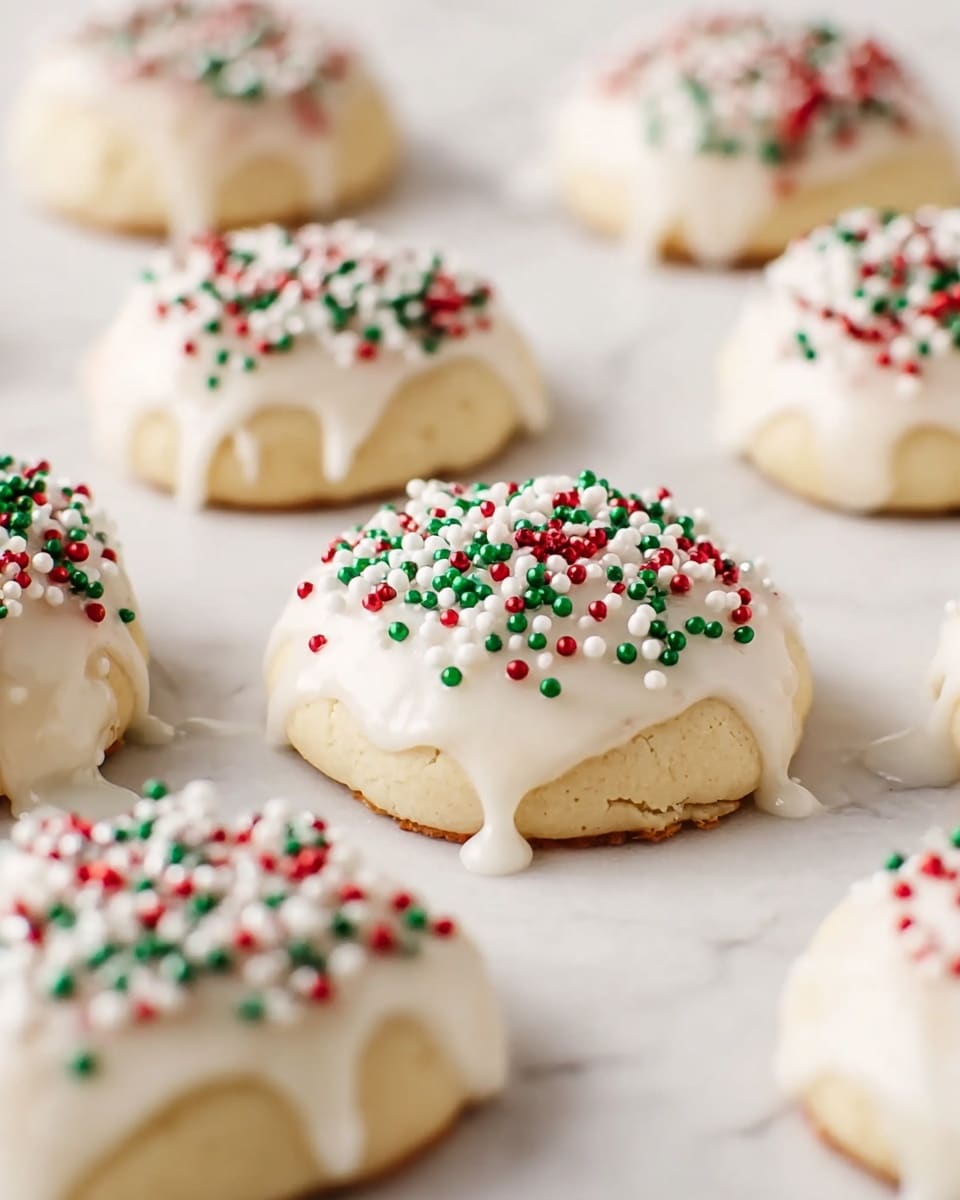 Small round cookies are arranged on a white marbled surface. Each cookie has a pale, soft dough base as the bottom layer. The middle layer is a thick white glaze that drips slightly down the sides. On top of the glaze is a layer of small round sprinkles in colors red, green, and white, scattered densely over the cookies. The light catches the glaze, making it look smooth and shiny. photo taken with an iphone --ar 4:5 --v 7