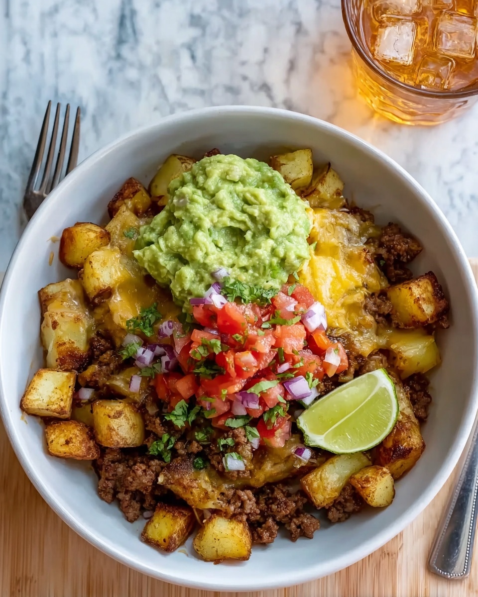 A white bowl filled with a base layer of golden roasted potato cubes, slightly crispy on the edges, topped with browned ground meat scattered evenly. Melted cheese with a mild yellow color is drizzled lightly over the meat and potatoes. Above that is a bright green scoop of chunky guacamole positioned near the center, with a fresh tomato salsa of diced red tomatoes, finely chopped purple onions, and green cilantro placed in front of the guacamole. A wedge of lime rests on the side of the bowl. The bowl is set on a white marbled surface with a fork and a glass with amber-colored liquid and ice nearby. Photo taken with an iphone --ar 4:5 --v 7