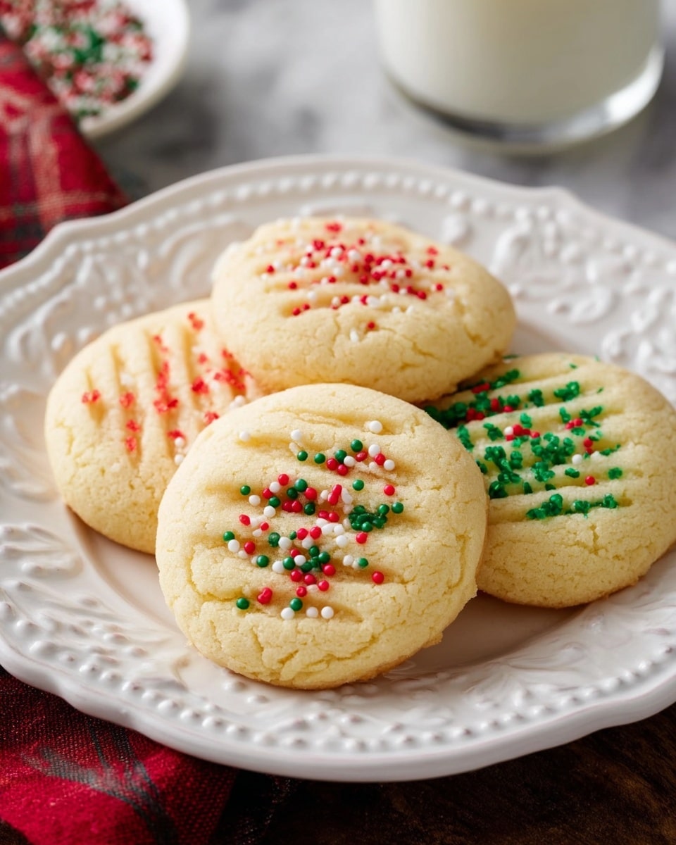 Four round, light golden cookies with a soft texture sit closely together on a white plate with decorative edges. Each cookie has fork marks gently pressed into the top surface, and festive sprinkles are scattered across; two have red sugar crystals, one has green sugar crystals, and one has small red, green, and white round sprinkles. The plate rests on a brown wooden table next to a glass of milk. The background is a white marbled texture. photo taken with an iphone --ar 4:5 --v 7