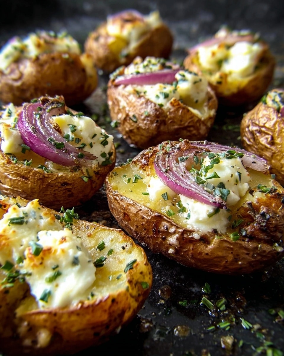 The image shows several golden-brown roasted potatoes on a dark surface, each potato split open and filled with a creamy white cheese. The potatoes have a crispy skin texture with a slightly rough surface. Thin rings of purple-red onion are placed atop the cheese in some of the potatoes. Green herb sprinkles are scattered over the potatoes and surface, adding fresh color and texture. The background is a white marbled texture. The light captures the glossy, slightly melted cheese and the rough skin of the potatoes clearly. photo taken with an iphone --ar 4:5 --v 7