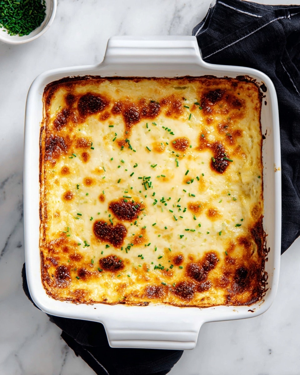 A white square baking dish filled with a creamy, golden-brown baked cheese layer that is slightly bubbly and has dark brown spots around the edges and center, giving a toasted look. The cheese layer is topped with small green chives scattered evenly. The dish is placed on a white marbled surface with a black cloth partially visible beneath it, and a small white bowl with green herbs can be seen in the background. Photo taken with an iphone --ar 4:5 --v 7