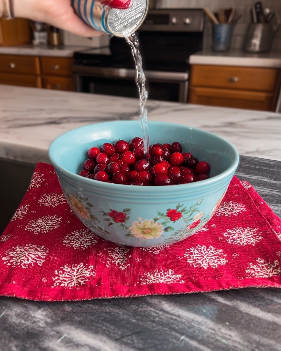 A light blue bowl with floral designs on its side holds a pile of bright red cranberries. Water is being poured into the bowl from a can, and a woman's hand gently tips the can. The bowl sits on a red and white cloth with a snowflake pattern, placed on a dark gray kitchen counter with a white marbled texture background. The scene shows part of a kitchen with cabinets and a stove in the background. photo taken with an iphone --ar 4:5 --v 7