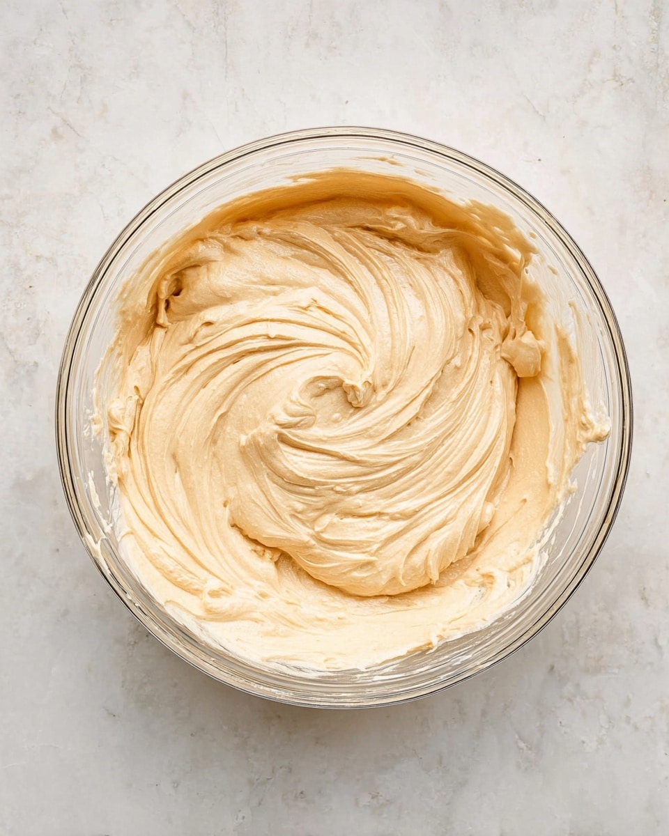 A clear glass bowl filled with a thick, creamy, light tan mixture swirled smoothly with visible folds and gentle peaks. The mixture has a soft, whipped texture with lines showing where a spoon or whisk has moved through it. The bowl sits on a white marbled surface, giving a clean and bright background that highlights the creamy mix inside. photo taken with an iphone --ar 4:5 --v 7