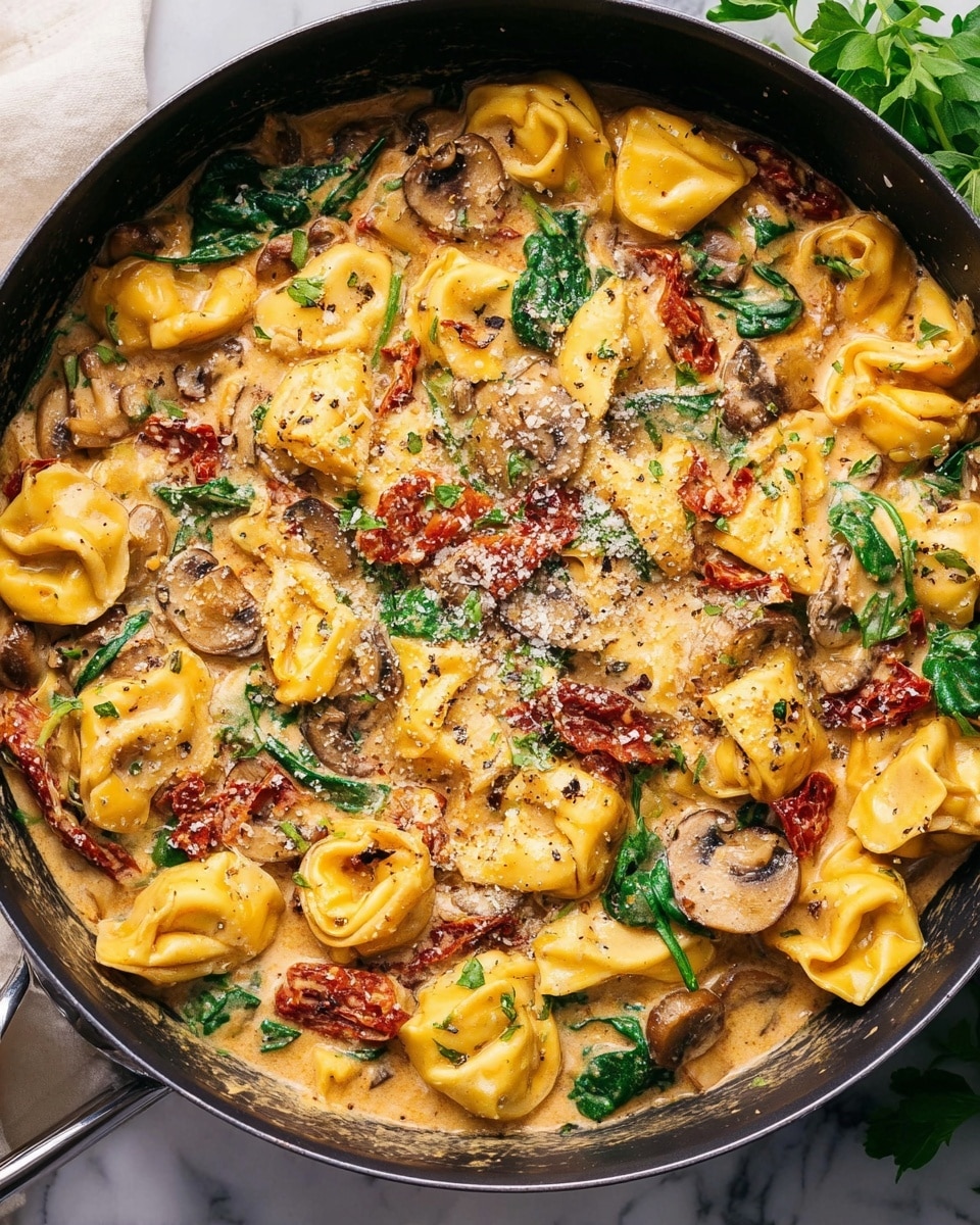 A close-up view of a black pan filled with creamy tortellini pasta, showing about three layers of food: plump yellow tortellini dumplings as the main layer, mixed with slices of brown mushrooms and red sun-dried tomatoes scattered throughout, and fresh green spinach leaves adding color on top. The creamy sauce is light orange and thick, coating all ingredients evenly. A sprinkle of grated cheese and black pepper dusts the surface, with some parsley leaves adding a fresh touch. The pan is set on a white marbled surface with a sprig of green herbs visible on the side. Photo taken with an iphone --ar 4:5 --v 7
