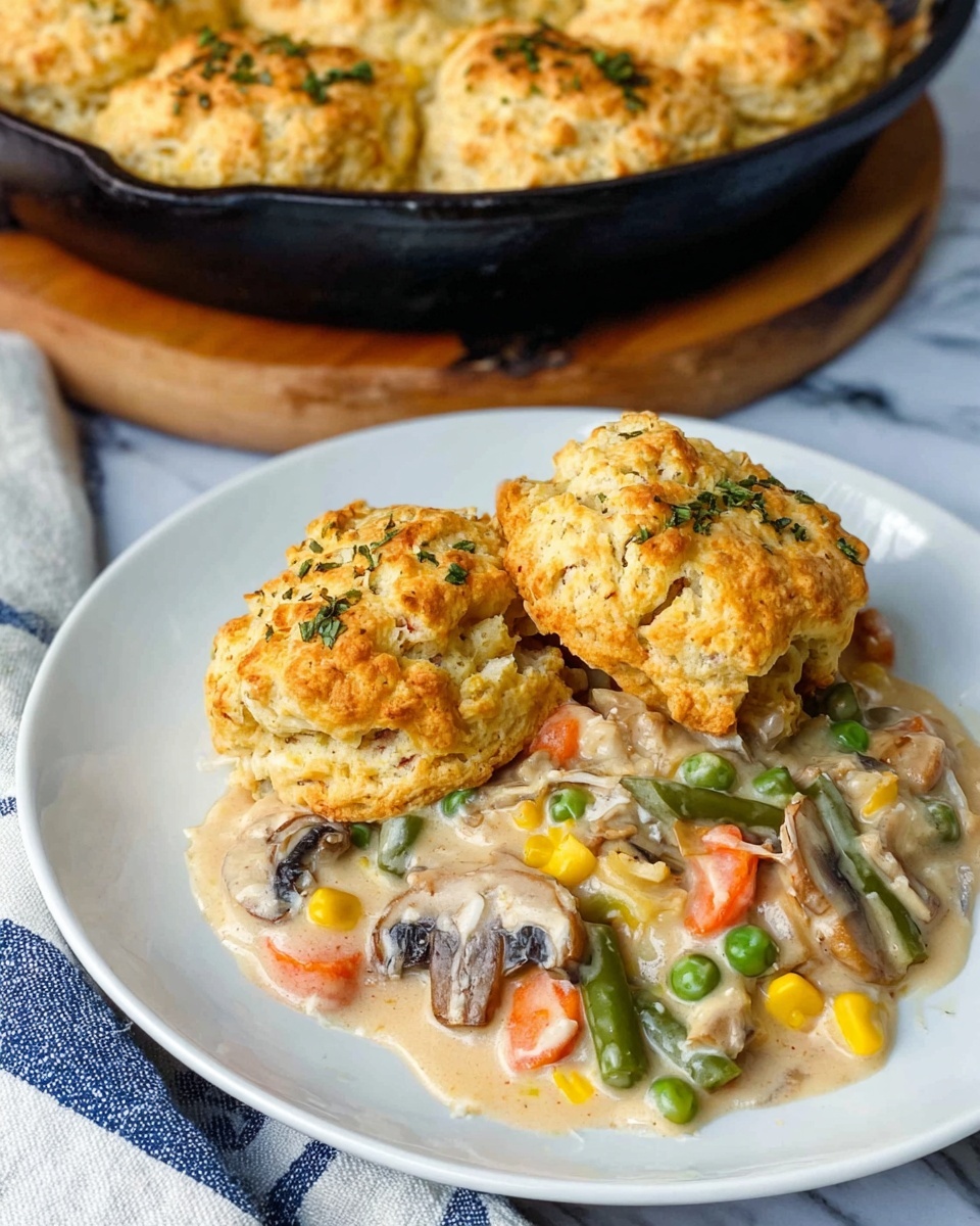 Cheddar Bay Biscuit Chicken Pot Pie Recipe 4 The image shows a black cast iron pan filled with a creamy mixture of vegetables with ten round, golden-brown biscuit tops arranged neatly in two rows on top. The biscuits have a rough, crumbly texture with green herbs sprinkled on them. The creamy base underneath is pale yellow with visible pieces of green beans and small red bell pepper chunks mixed in. The pan sits on a metal trivet over a white marbled surface, next to a white and blue striped cloth. Photo taken with an iphone --ar 4:5 --v 7