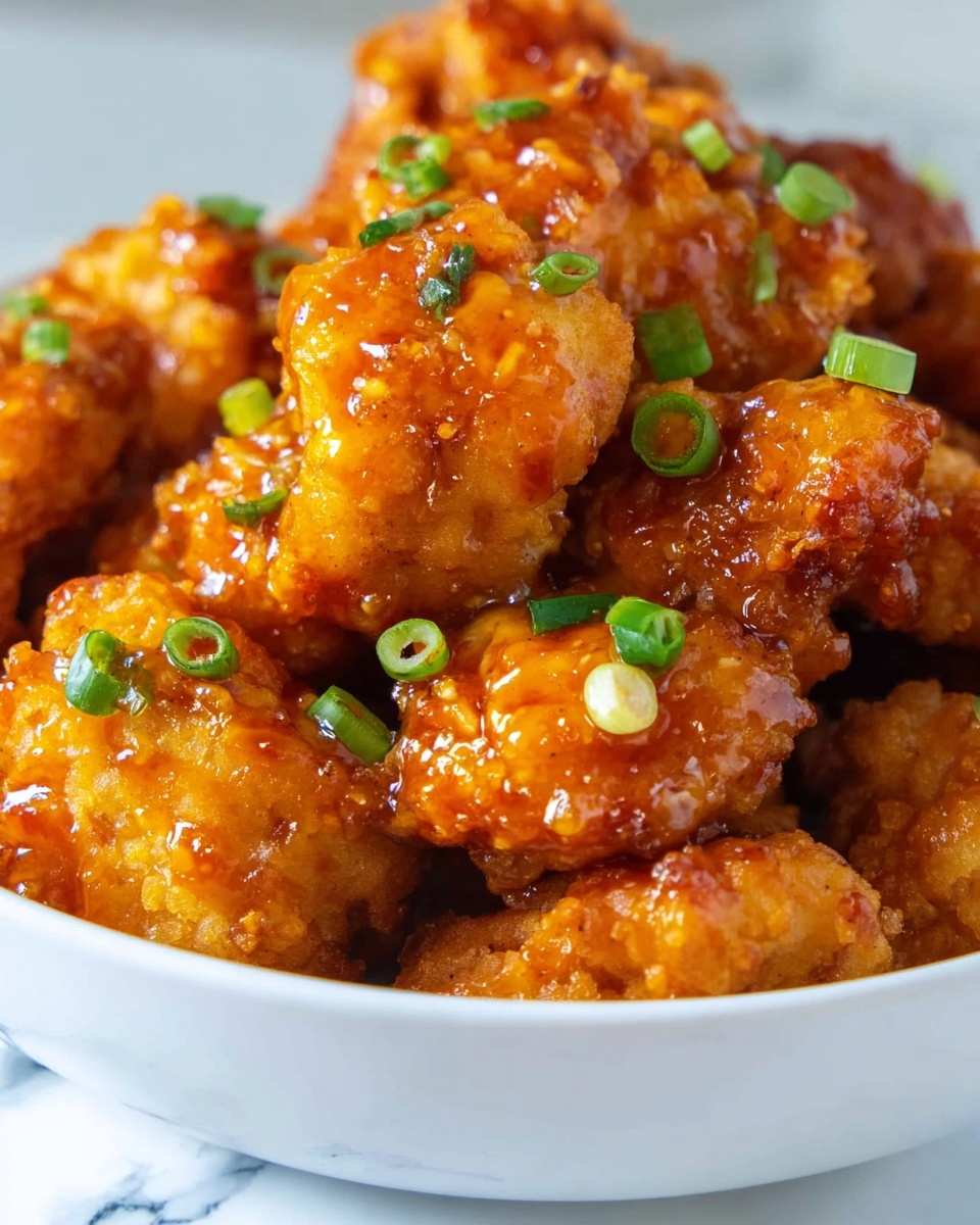 Chinese Orange Chicken Recipe 4 A close-up view of a white bowl filled with golden brown, crispy fried chicken pieces coated with a shiny, thick orange sauce. The chicken pieces are arranged in a pile, with small slices of fresh green onions scattered evenly on top, adding contrast to the warm colors. The bowl is placed on a surface with a white marbled texture, making the vibrant colors of the dish stand out. photo taken with an iphone --ar 4:5 --v 7