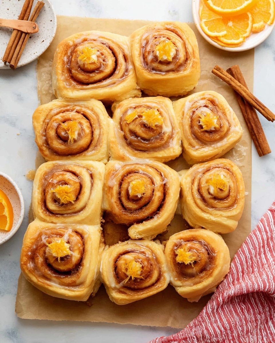 Glazed Orange Sweet Rolls Recipe 5 The image shows six soft cinnamon rolls close together on a white marbled surface. Each roll has multiple swirled layers with a golden brown cinnamon sugar filling inside the light beige dough. The rolls have a shiny glaze that makes them look moist and sticky. Between some rolls, you can see small pieces of bright orange zest adding a pop of color. To the side, there are two cinnamon sticks placed on the white marbled surface. The photo is clear and bright, taken from above, showing the texture of the dough and filling well. photo taken with an iphone --ar 4:5 --v 7