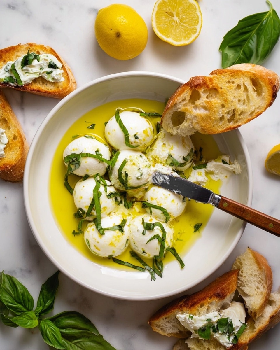 A white bowl filled with soft, white cheese balls sitting in bright yellow olive oil, topped with thin strips of fresh green basil and a few whole basil leaves on the side. A small butter knife with a wooden handle rests inside the bowl, partly covered in the cheese. Around the bowl, there are crispy toasted bread slices, some topped with a creamy white spread mixed with small green basil pieces. In the background, there are two halved lemons and more fresh basil leaves scattered on a white marbled surface. Photo taken with an iphone --ar 4:5 --v 7