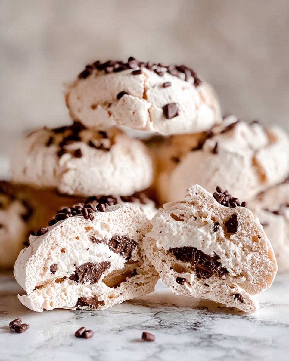 The image shows a pile of light beige meringue cookies with dark brown chocolate chips inside them. In the front, two meringues are broken in half, showing the rough, airy, and crumbly texture of the inside mixed with the smooth chocolate chips. The cookies on top have small chocolate sprinkles scattered over them, adding texture and color contrast. The background is soft and out of focus with a white marbled surface under the meringues. photo taken with an iphone --ar 4:5 --v 7