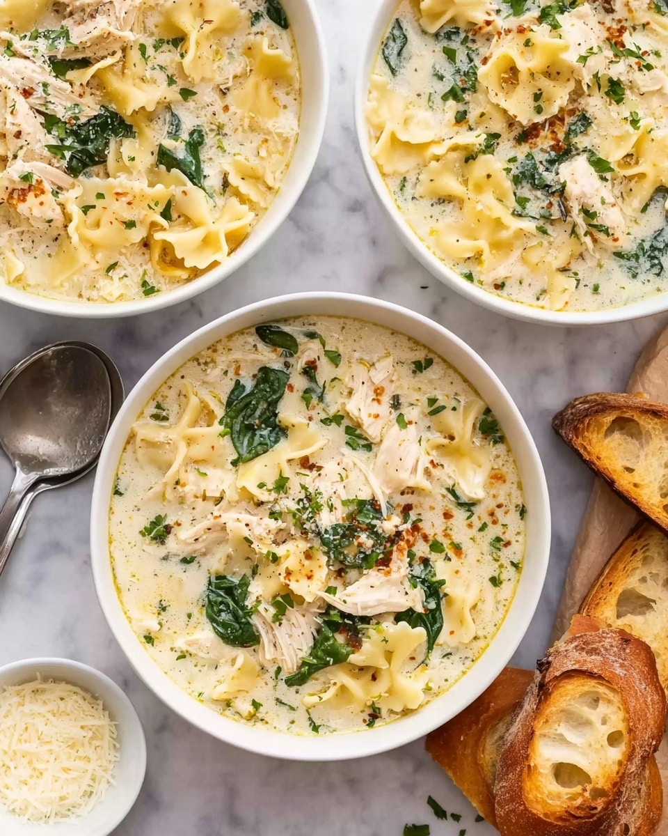 The image shows three white bowls filled with creamy chicken noodle soup on a white marbled surface. The soup has layers of wide, ruffled pasta noodles in pale yellow, shredded white chicken pieces, and fresh green spinach leaves. The creamy broth is light beige with visible small herbs and spices sprinkled throughout. To the right, there are two slices of toasted crusty bread placed directly on the marbled surface. There is also a small white bowl filled with grated cheese at the top center of the image. A woman's hand is seen holding one of the bowls near the top. photo taken with an iphone --ar 4:5 --v 7