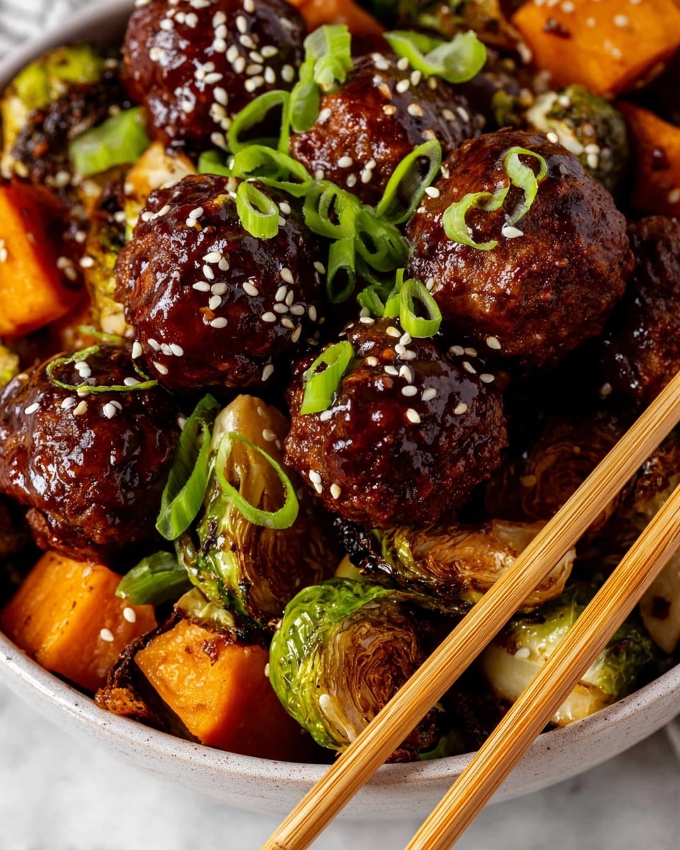 A close-up of a white bowl filled with several dark brown meatballs coated in a thick, shiny glaze, sprinkled with white sesame seeds. Underneath and around the meatballs are roasted orange sweet potato cubes and browned Brussels sprouts, some charred on the edges. Bright green chopped scallions are scattered on top, adding freshness. Light brown wooden chopsticks rest diagonally on the right side of the bowl. The bowl sits on a white marbled textured surface. photo taken with an iphone --ar 4:5 --v 7