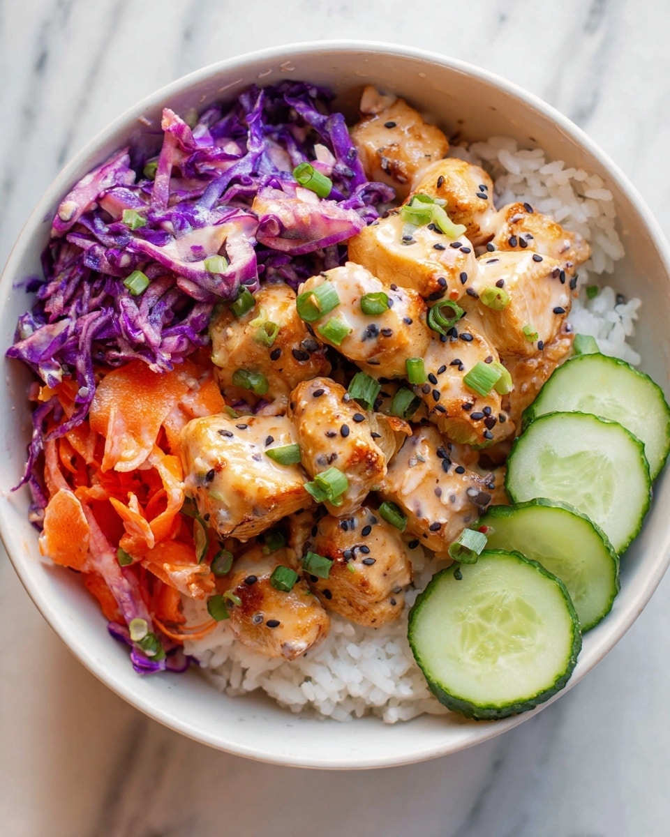 A white bowl sits on a white marbled surface, filled with three main layers: the bottom layer is plain white rice, the middle layer consists of bright purple shredded cabbage and thin orange carrot slices mixed with a creamy light sauce, and the top layer is made of golden-brown cooked chicken chunks also coated in the same creamy sauce and sprinkled with black sesame seeds and chopped green onions. On one side, thin green cucumber slices are neatly arranged in a semi-circle along the bowl’s rim. The colors are vibrant and fresh, giving the dish a well-balanced and healthy look. Photo taken with an iphone --ar 4:5 --v 7