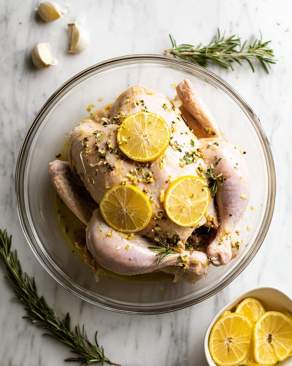 A whole raw chicken is placed in a clear glass bowl on a white marbled surface. The chicken is topped with three slices of yellow lemon that have herbs and small bits of garlic scattered on them. The chicken has a light pink skin color with small black and green herb specks all over, and a sprig of rosemary is tucked under one wing. Around the bowl, there are three garlic cloves on the top left and two small rosemary sprigs on the top right. At the bottom right, there is a small white bowl filled with lemon slices. Photo taken with an iphone --ar 4:5 --v 7