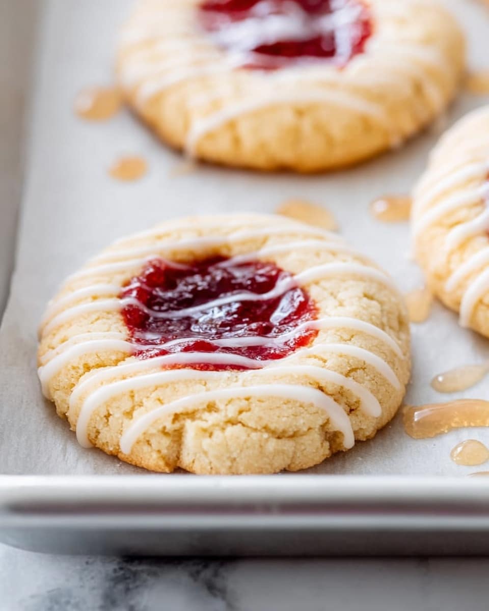Three round cookies sit on a silver baking tray lined with parchment paper on a white marbled surface. Each cookie has a pale golden base with a slightly cracked texture and a deep red jam center. Thin white icing is drizzled across the top of the cookies in uneven lines, with some icing drops visible on the parchment. The cookies appear soft with a slightly raised edge, and the close-up view focuses on the glossy jam filling and the contrast between the soft cookie and the shiny icing. photo taken with an iphone --ar 4:5 --v 7