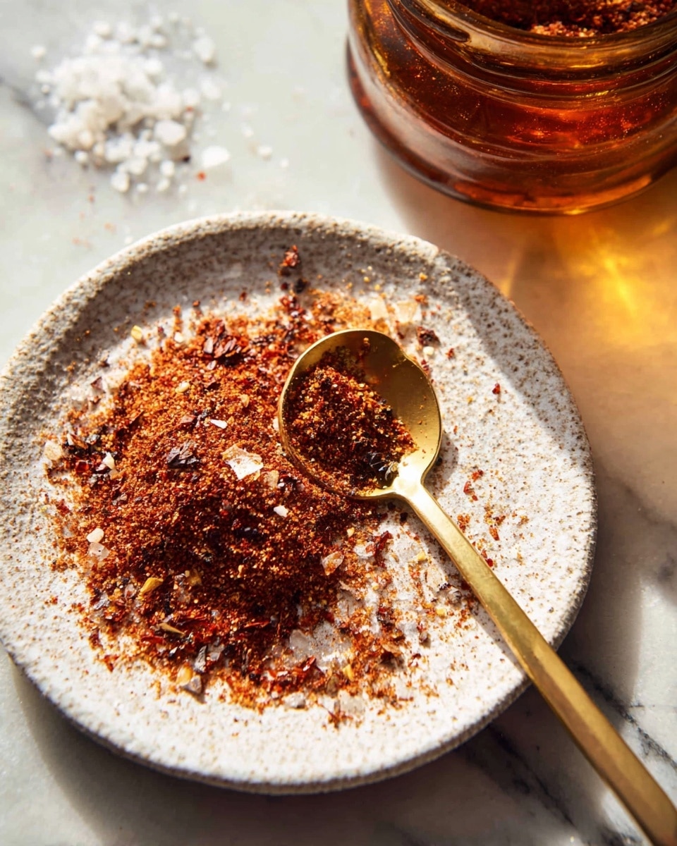 A white ceramic plate with a textured rim holds a mix of spices spread unevenly in shades of reddish brown, black, and off-white flakes. A gold spoon rests diagonally across the plate, filled with the same scattered spice mix. In the background, part of an amber-colored glass jar casts a warm light on a white marbled surface beneath it, with some small coarse salt flakes scattered nearby. photo taken with an iphone --ar 4:5 --v 7