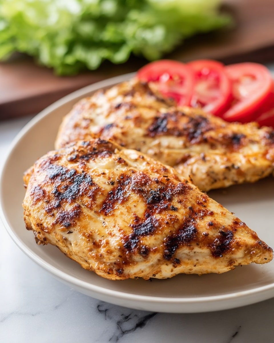 The image shows a white plate with four grilled chicken pieces arranged close to each other. The chicken has a golden-brown color with char marks and small black pepper flakes scattered on the surface. Behind the plate, there are three slices of red tomato and a few leaves of light green lettuce. In the background, two strips of crispy bacon lay flat on a wooden board. The surface under everything is white with a marbled texture. Photo taken with an iphone --ar 4:5 --v 7