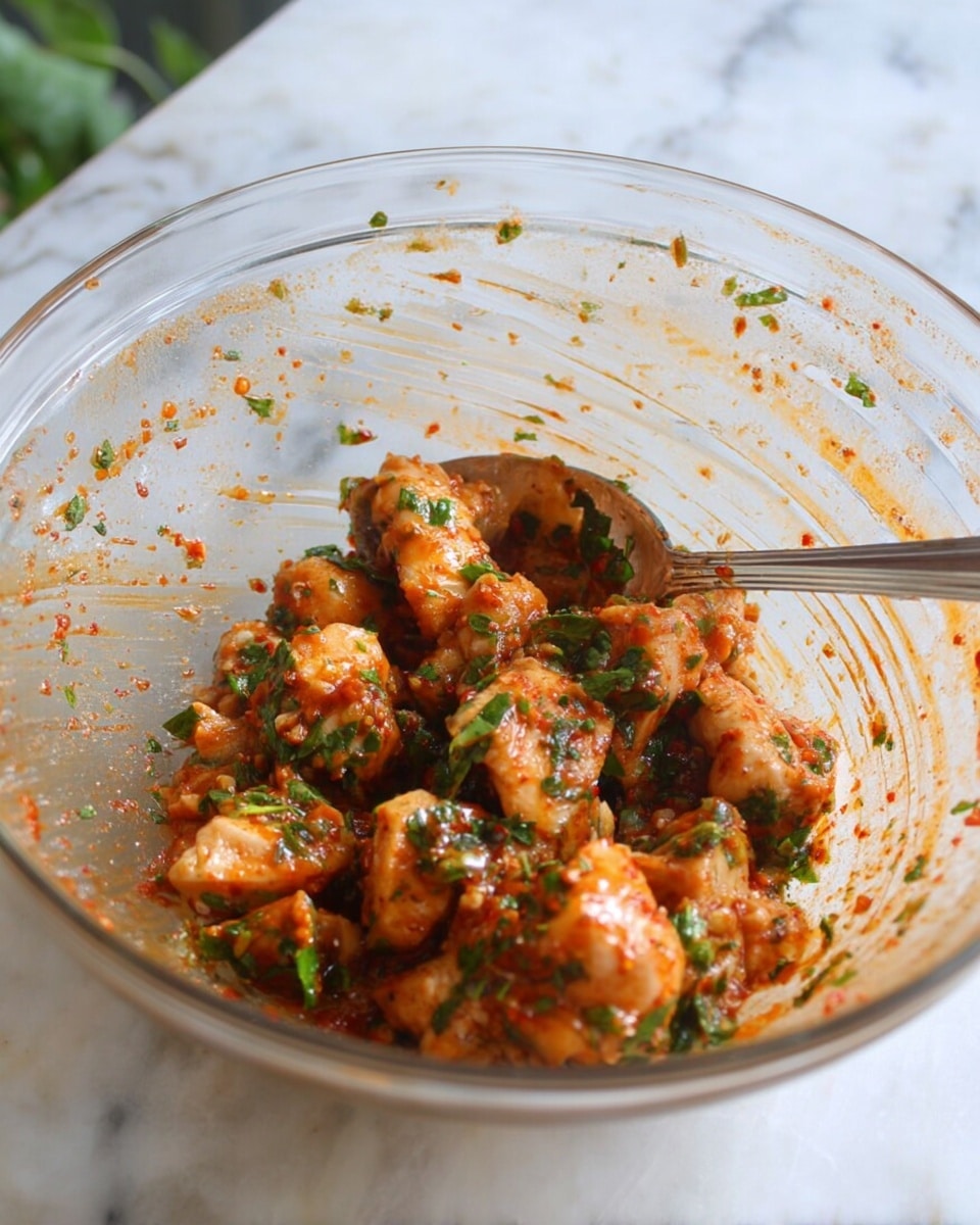A clear glass bowl sits on a white marbled surface, holding small pieces of raw chicken marinated in a reddish-orange sauce mixed with green herbs. The chicken pieces are uneven in size and coated with bits of chopped parsley or cilantro, giving the dish a fresh textured look. A silver spoon rests inside the bowl amid the marinated chicken, and the inside of the bowl shows streaks of the spicy sauce. The background includes blurred green leaves. photo taken with an iphone --ar 4:5 --v 7