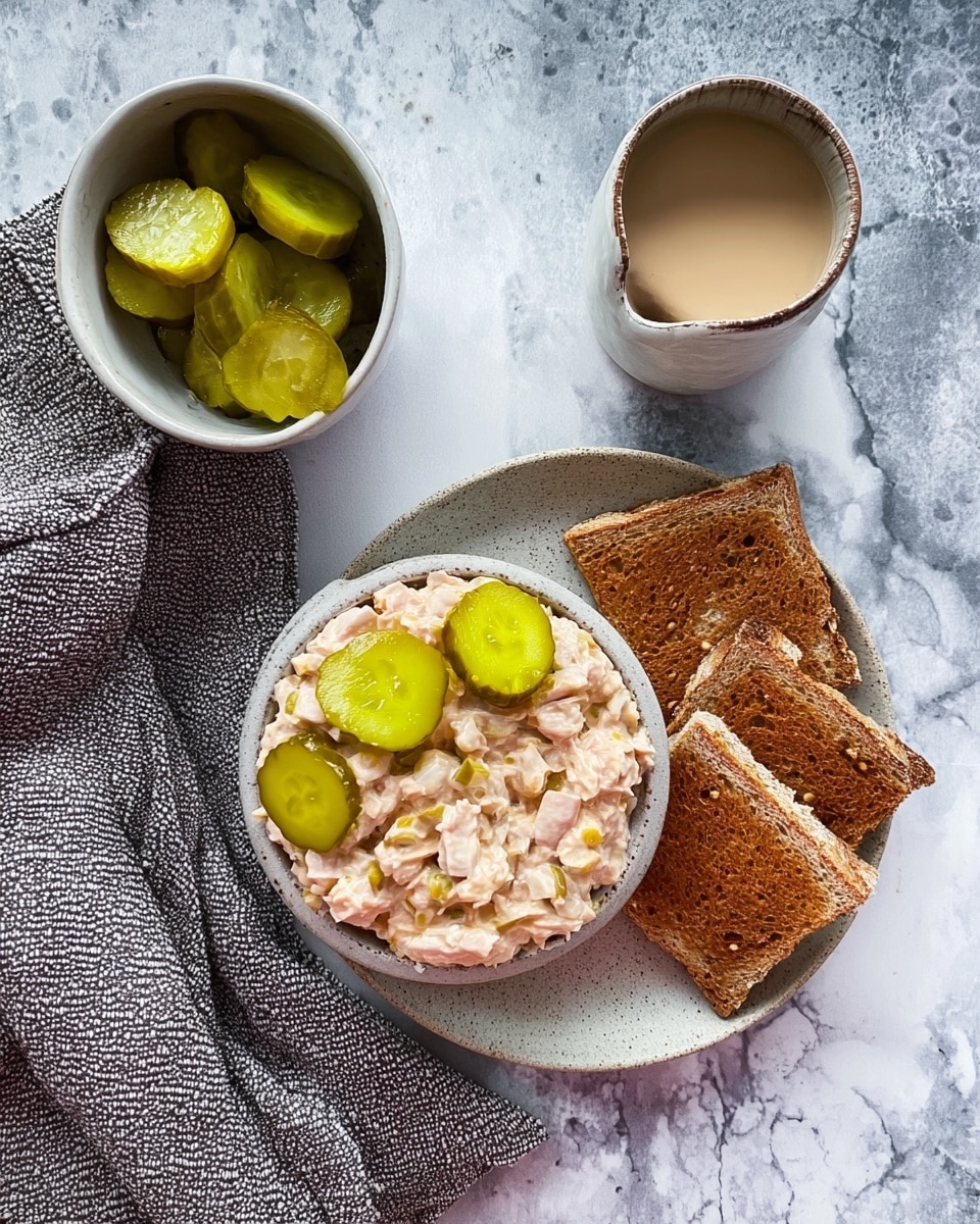 A top view of a dish with a large white round plate holding three main parts: on the right, four slices of brown, crispy toast stacked slightly angled; in the middle, a creamy, light pink spread with chunks of meat texture; on top of the spread and next to the toast, several bright green pickle slices layered unevenly. Next to the plate on the left, a small white wooden bowl filled with more pickle slices and a white cup holding a smooth, light beige sauce. Below these, a gray woven cloth is casually placed. The whole setup is on a white marbled textured surface. photo taken with an iphone --ar 4:5 --v 7