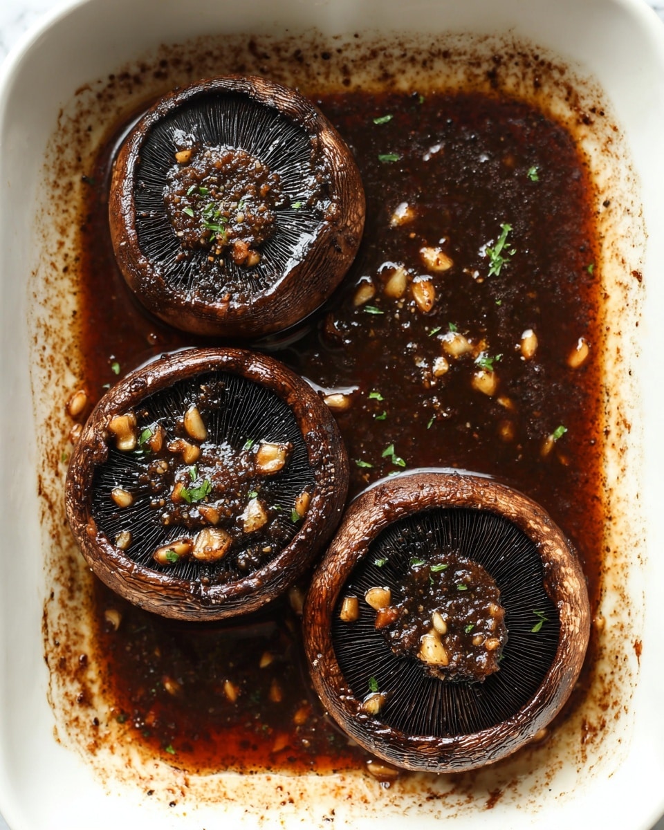 Three large dark brown mushrooms with thick caps sit in a white baking dish filled with a shiny, dark sauce that looks oily and rich. The mushrooms are soaked in the sauce, making their black gills visible with small pieces of garlic scattered on top and in the sauce. The edges of the mushroom caps are slightly rough and deep brown. The sauce pools around the mushrooms, covering the bottom of the dish unevenly with some spots darker than others. The dish is placed on a white marbled surface. photo taken with an iphone --ar 4:5 --v 7