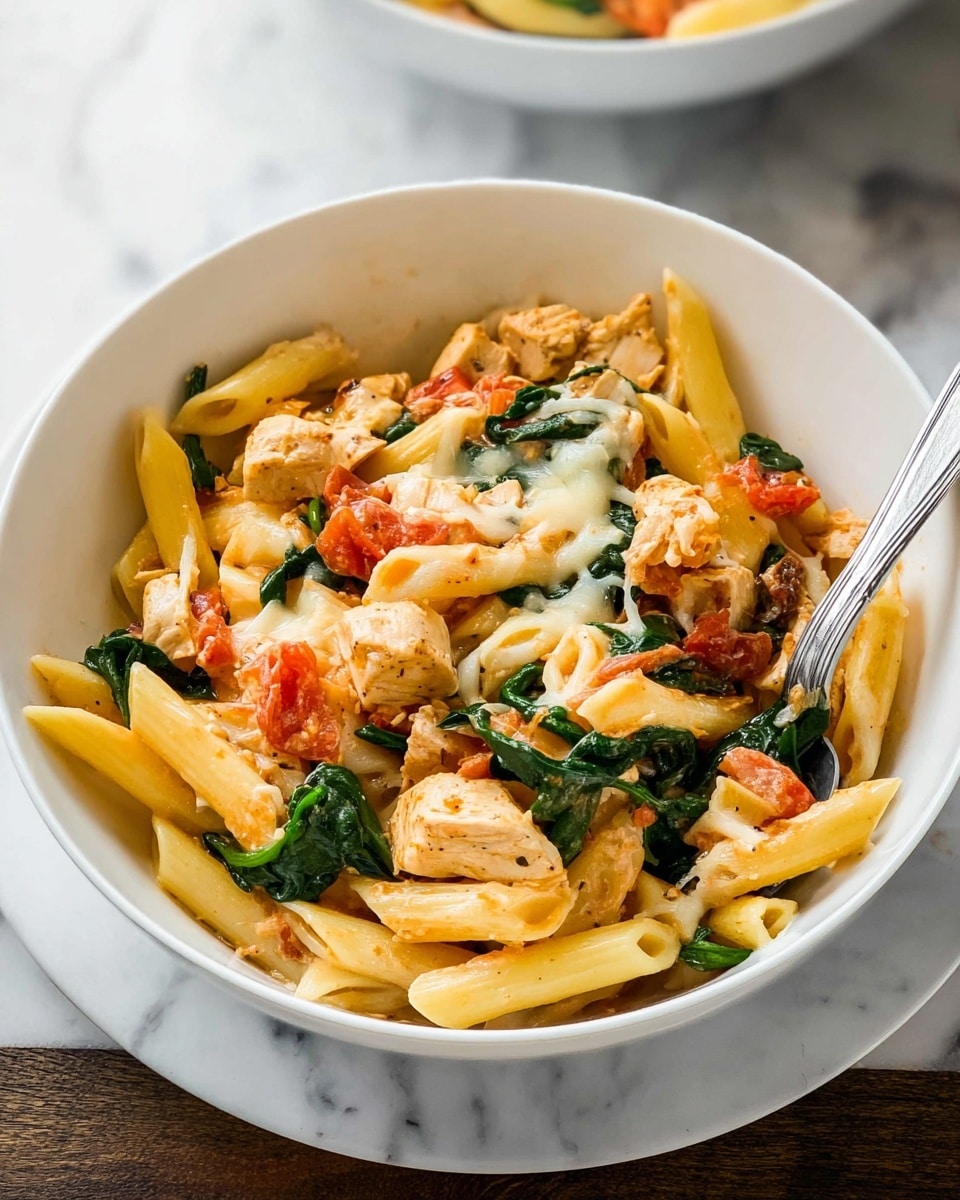 The white bowl holds a pasta dish with three main layers visible: the base layer is creamy cooked penne pasta in pale yellow; the middle layer has chunks of light brown chicken and bright orange tomato pieces scattered evenly; and the top layer features dark green spinach leaves mixed with melted white cheese, all combined with a slightly glossy sauce. A shiny silver fork rests inside the bowl on the right side. The bowl sits on a white marbled surface with another bowl blurred in the background and a wooden cutting board partially visible behind. photo taken with an iphone --ar 4:5 --v 7