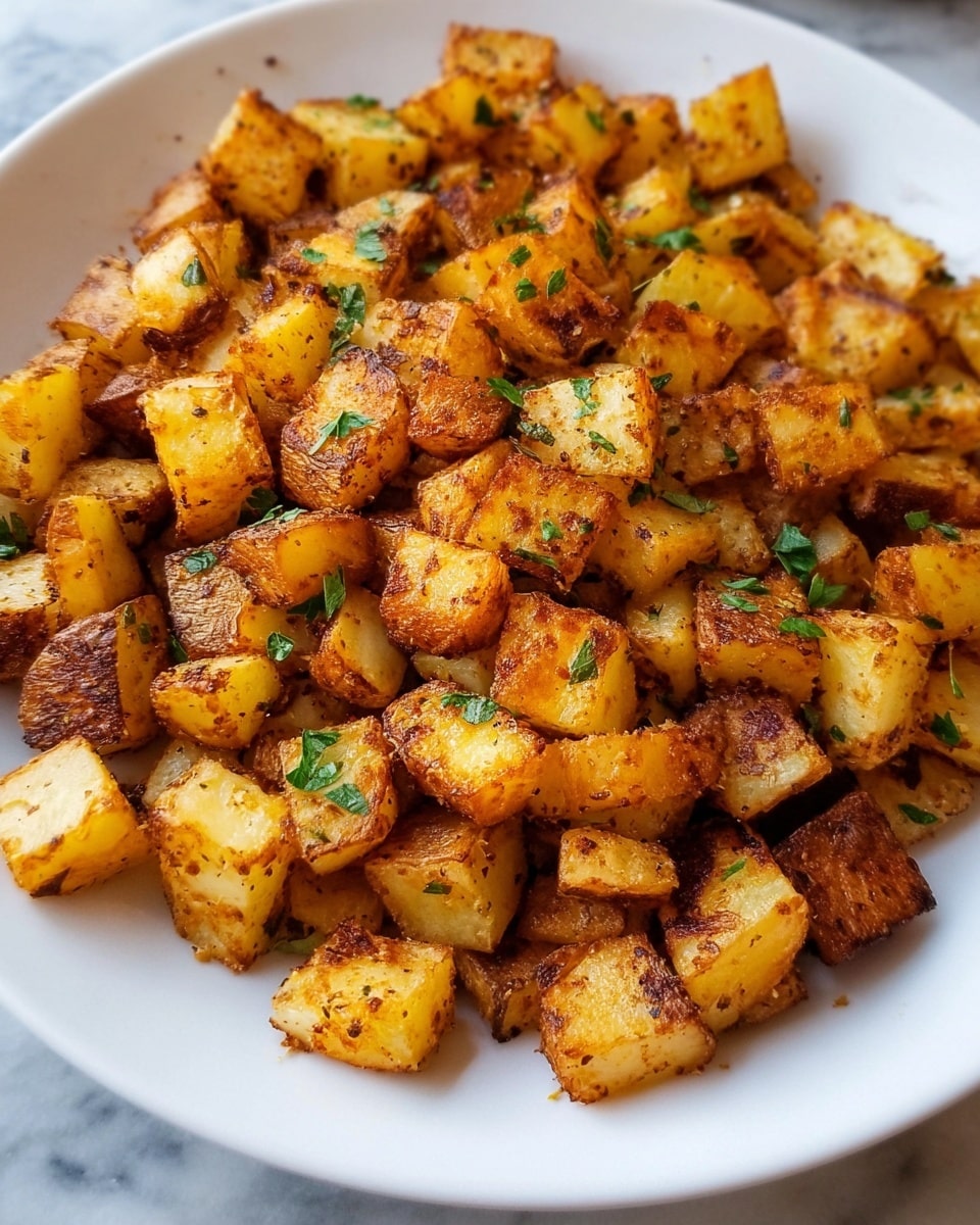 The image shows a white plate filled with many small cubes of cooked potatoes that have a golden brown, crispy outside with some darker browned edges. The potatoes have a dusting of black seasoning and little bits of fresh green herbs scattered unevenly on top and mixed throughout. The potato pieces vary slightly in size but are mostly uniform, sitting closely packed together, showing a mix of soft yellow and brown colors with a slightly rough texture. The white marbled surface underneath the plate adds brightness to the image. Photo taken with an iphone --ar 4:5 --v 7
