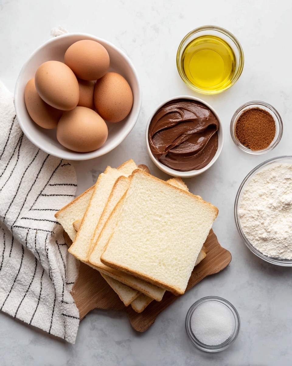 The image shows several slices of white bread stacked on a wooden board slightly overlapping, with one slice lying flat on the right side. Around the bread are small clear glass bowls with different ingredients: cinnamon powder at the top, golden yellow liquid oil to the left, white granulated sugar at the bottom right, and chocolate spread in a white bowl to the top right. Additionally, there is a white bowl filled with six brown and light brown eggs on the bottom left, with two loose eggs placed just outside the bowl. All items rest on a white marble textured surface with a white cloth that has thin black stripes partly under the egg bowl. photo taken with an iphone --ar 4:5 --v 7