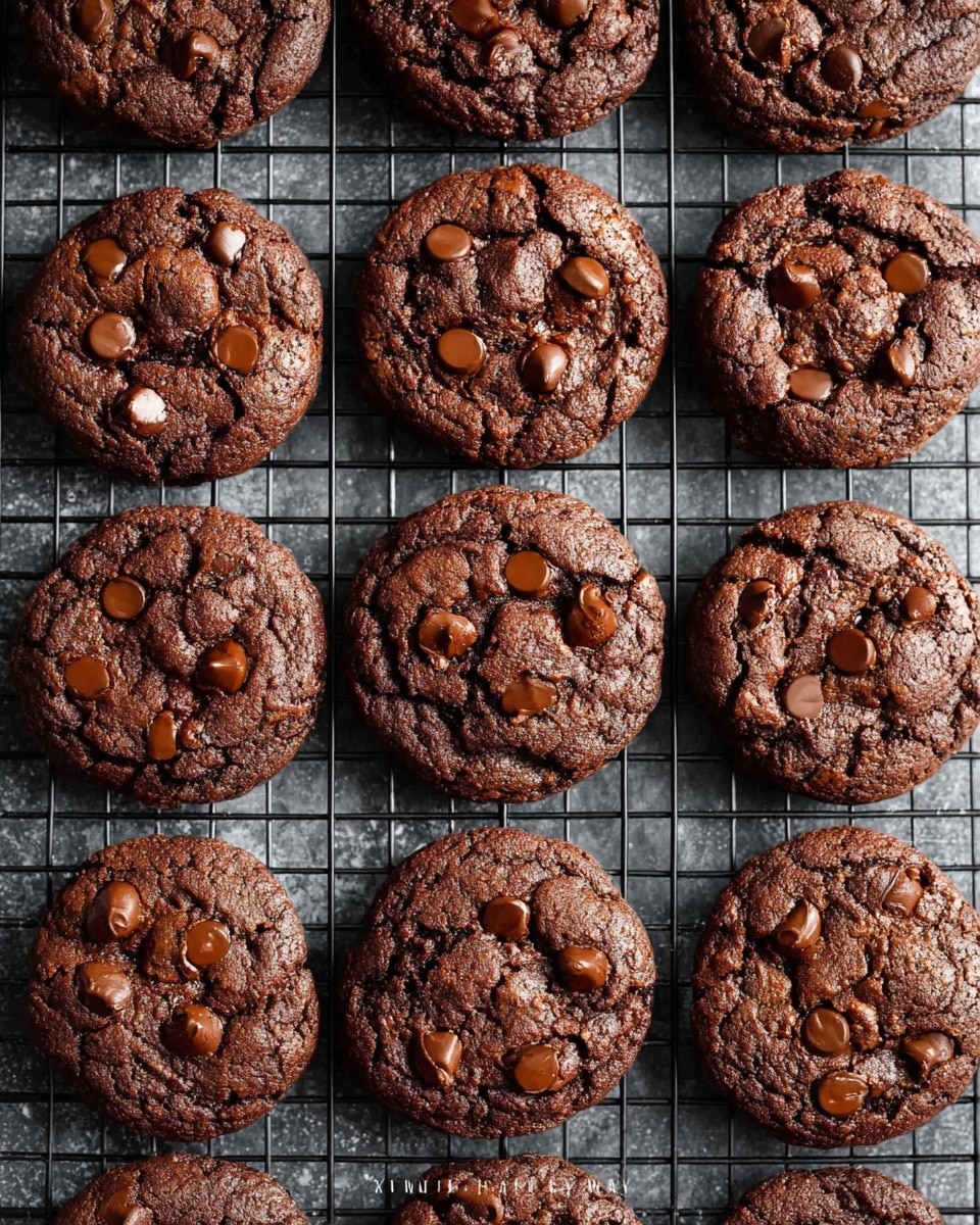 The image shows a grid of round chocolate cookies with a slightly cracked surface, each studded with several melted chocolate chips. The cookies are arranged in neat rows on a black cooling rack, which sits on a gray textured surface. The cookies have a rich, dark brown color with glossy patches where the chocolate chips have melted, giving them a soft texture on top. The arrangement creates a repetitive pattern with the cookies evenly spaced and filling the entire frame. photo taken with an iphone --ar 4:5 --v 7