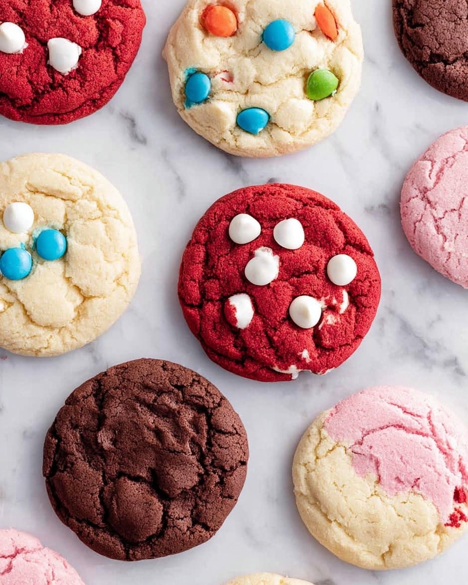 A group of colorful cookies spread out on a white marbled surface, showing four types: dark brown chocolate cookies with a cracked texture, red velvet cookies with white chocolate chips scattered on top, light yellow cookies with colorful round candy pieces embedded, and pink cookies half-dipped in white frosting. The cookies have a soft, slightly bumpy texture and are arranged in a loose pattern with some touching each other, creating a vibrant and inviting look. photo taken with an iphone --ar 4:5 --v 7