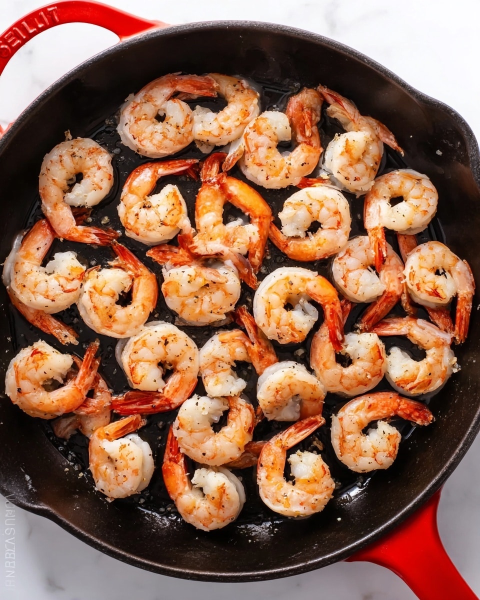 A black cast iron pan filled with a single layer of pinkish-orange shrimp, each shrimp curled and evenly spaced so none overlap. The shrimp have a slightly shiny and cooked texture with some light seasoning visible on their surface. The red handle of the pan is partially visible. The pan sits on a white marbled surface. Photo taken with an iphone --ar 4:5 --v 7