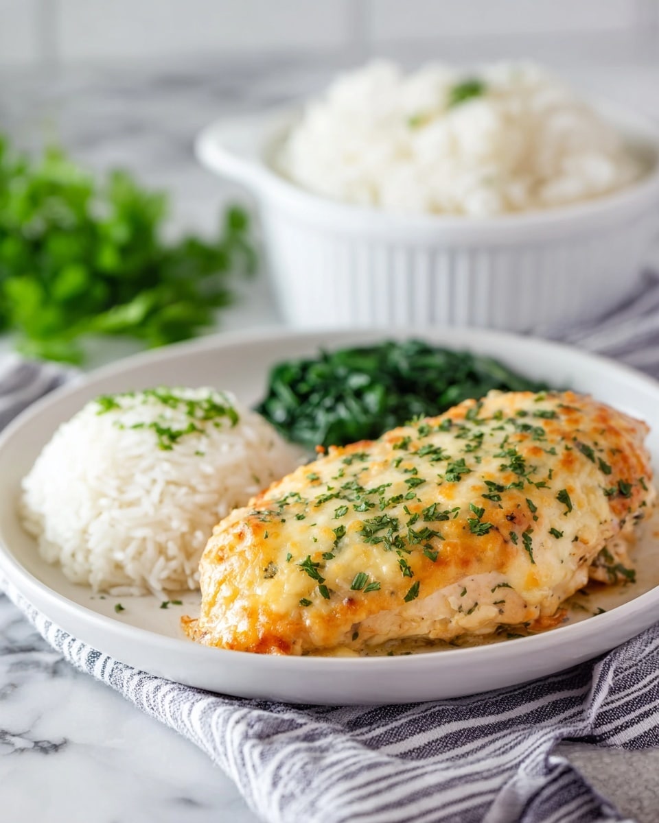 On a white plate, there is a large, cooked chicken with a light golden melted cheese layer on top, sprinkled with green herbs. Behind the chicken, a serving of soft white rice forms a fluffy mound on the left side, while bright green cooked spinach sits neatly on the right side. The plate is placed on a striped cloth, all set on a white marbled surface. In the background, a white bowl filled with white rice and some blurred green garnish is visible. photo taken with an iphone --ar 4:5 --v 7