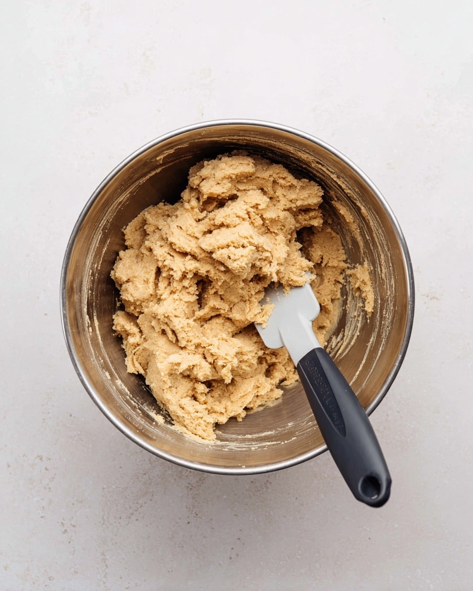 A top view shows a metal mixing bowl filled with light brown, thick dough or batter. The dough has a rough, crumbly texture and fills most of the bowl’s inside. A white spatula with a black handle rests inside the bowl, partly covered with the dough. The bowl sits on a smooth white marbled surface, creating a clean and simple background. photo taken with an iphone --ar 4:5 --v 7