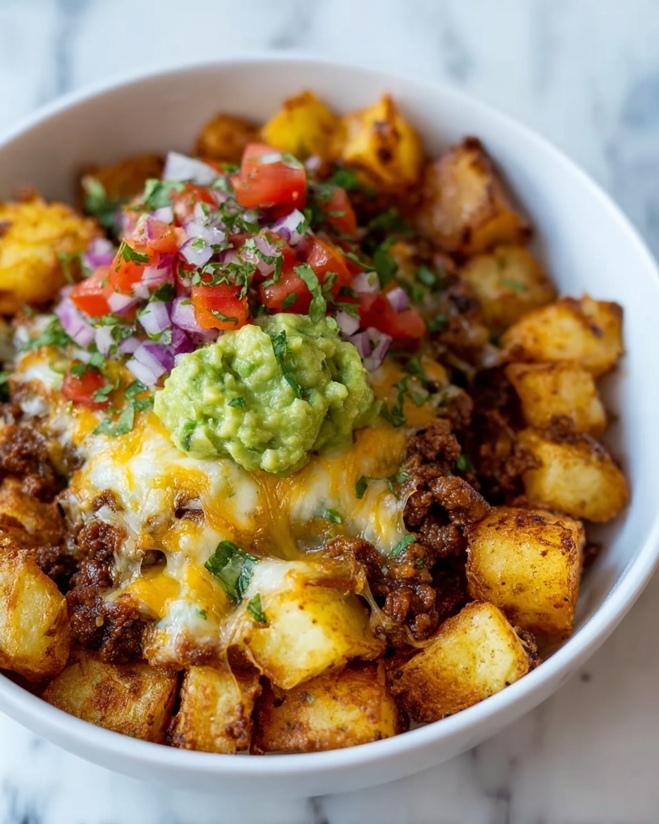 A white bowl filled with three main layers is shown. The bottom layer consists of golden-brown cooked potato cubes with a slightly crispy texture. On top of the potatoes, there is a layer of dark brown cooked minced meat mixed with melted light yellow and white cheese. The top layer features a colorful mix of finely chopped red tomatoes, red onion, green herbs, and a dollop of creamy green guacamole. The background is a white marbled surface. Photo taken with an iphone --ar 4:5 --v 7