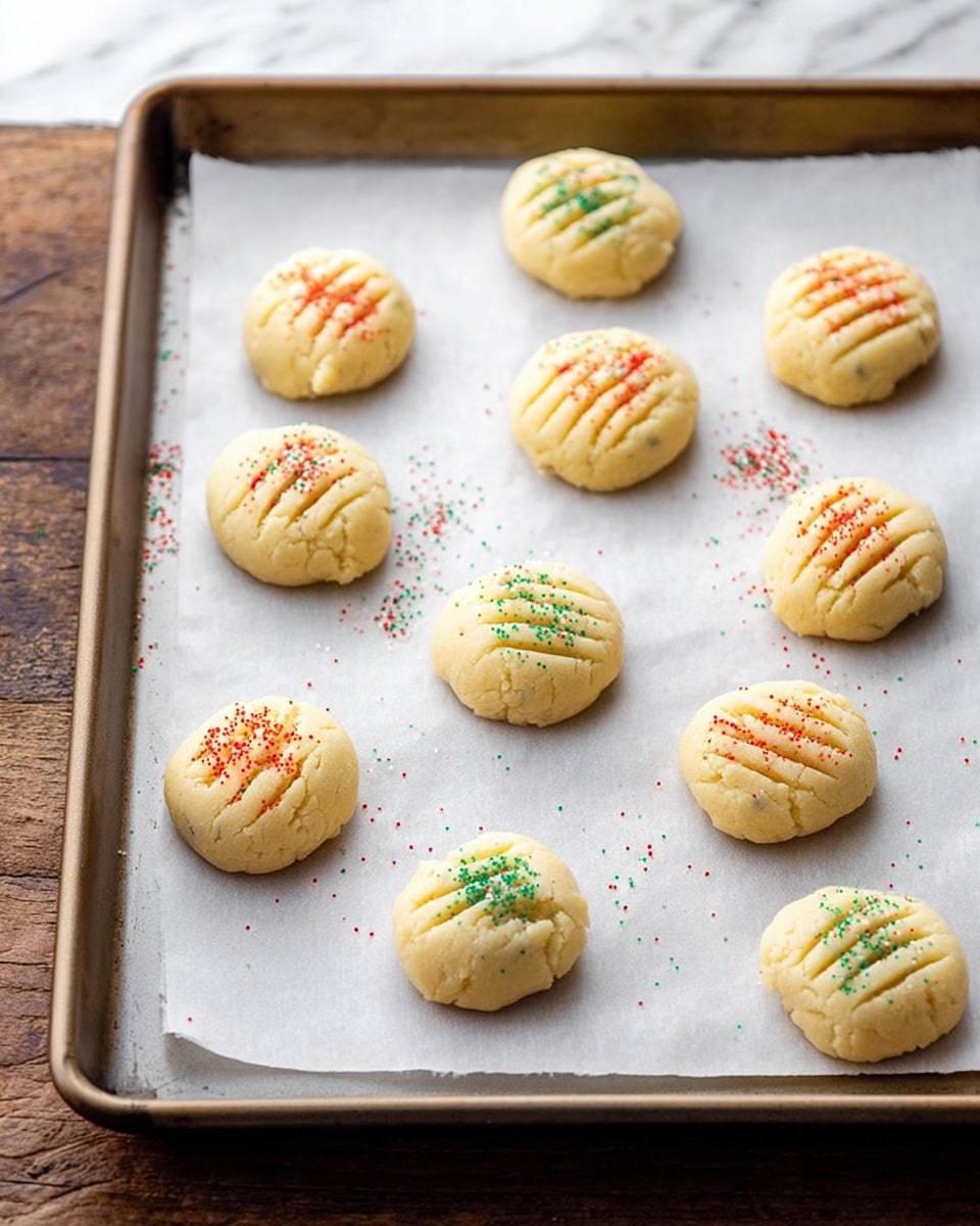 The image shows a baking tray lined with white parchment paper, holding nine round, pale yellow cookie dough balls arranged in rows. Each cookie ball has four shallow, parallel lines pressed on top, with red or green sugar sprinkles decorating some of them, scattered lightly across the tray and rustic wooden surface beneath it. The dough balls are soft and slightly textured, spaced evenly apart on the tray. The tray is placed on a white marbled surface. photo taken with an iphone --ar 4:5 --v 7
