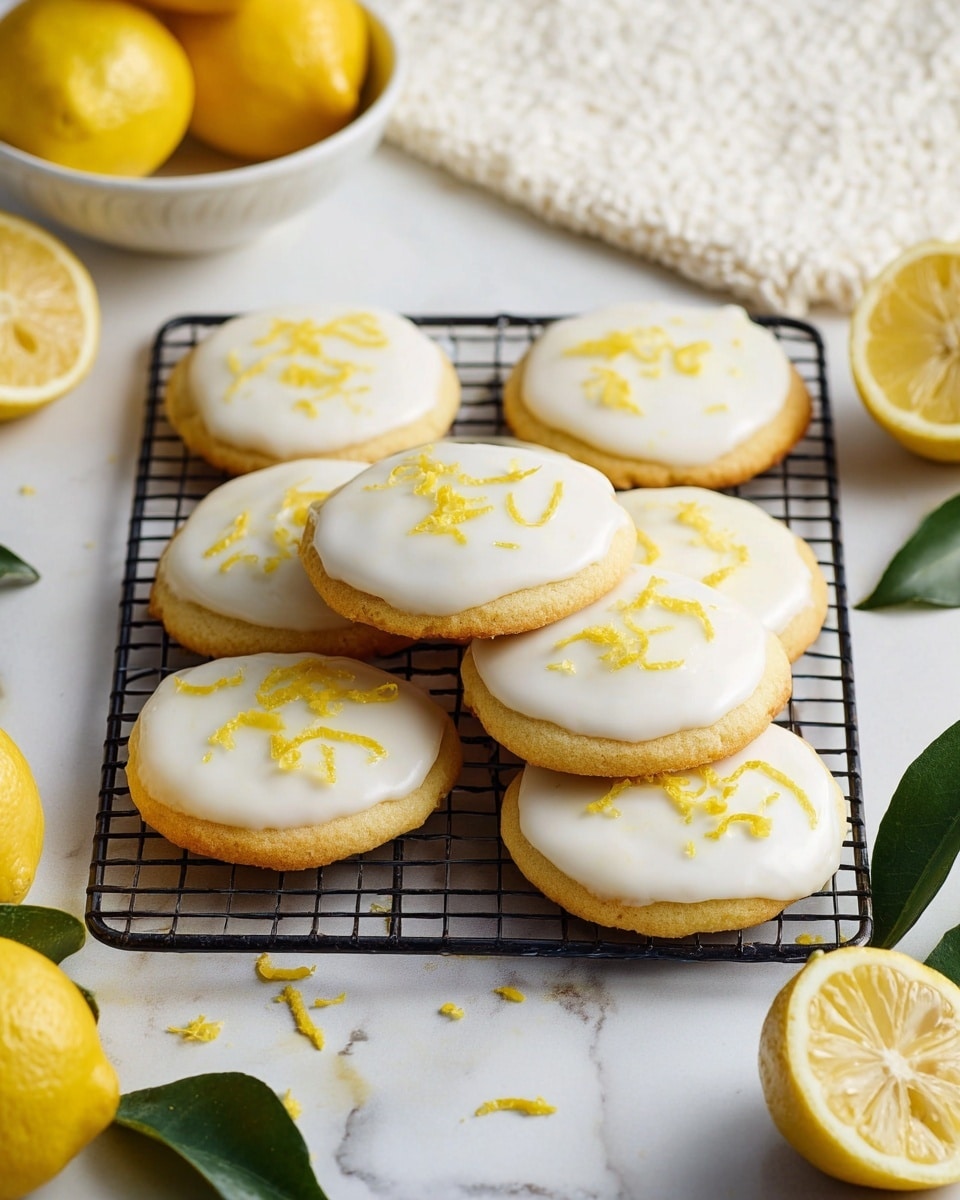 The image shows a group of round cookies with a light golden-brown base, each topped with a smooth, thick layer of white icing. On top of the icing, there are small bits of bright yellow lemon zest scattered unevenly on each cookie. The cookies are stacked and arranged on a black metal cooling rack placed on a white marbled surface. Around the rack, there are fresh lemons—whole and sliced—adding a fresh, colorful touch. A white bowl with a lemon inside is partly visible in the top left corner, and a white textured cloth is on the upper right corner. Green leaves are also placed near the bottom right side, completing the fresh and bright setting. Photo taken with an iphone --ar 4:5 --v 7