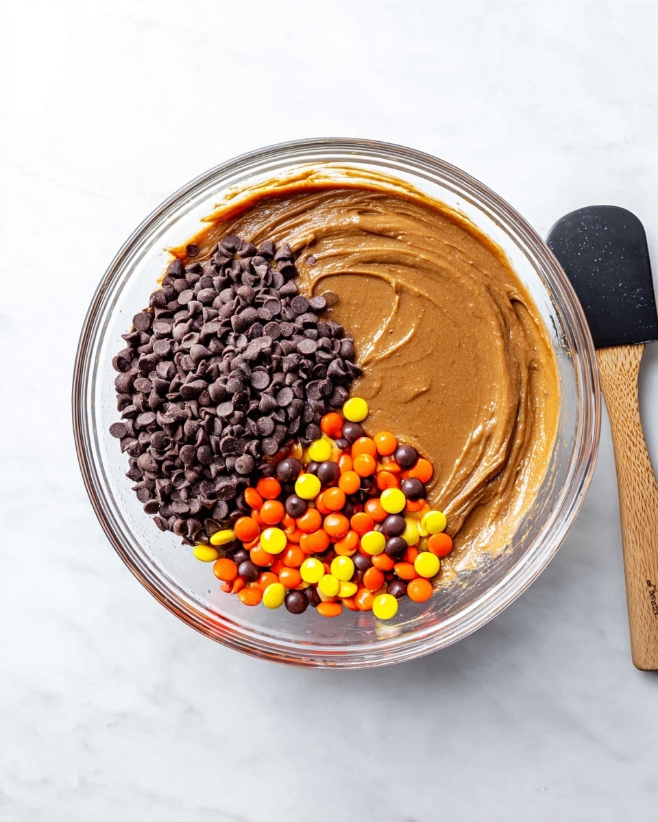 A clear round glass bowl sits on a white marbled surface, holding three layers of ingredients: a smooth, thick brown batter fills about half the bowl, topped on one side by a pile of small, dark brown chocolate chips, and next to it, a cluster of small round candy pieces in bright orange, yellow, and dark brown colors. Alongside the bowl is a kitchen spatula with a wooden handle and a black silicone tip. photo taken with an iphone --ar 4:5 --v 7