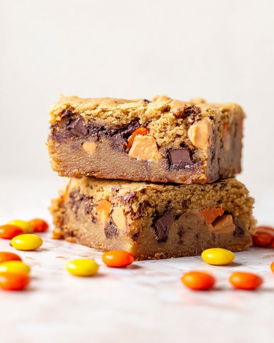 Two thick, square blondie bars stacked on top of each other on a white marbled surface. Each bar has a dense, moist, light brown texture filled with visible chunks of dark chocolate and orange peanut butter candies. The top bar shows a mix of melted chocolate and candy pieces inside, while the bottom bar displays a similar pattern with some candy cuts seen on the front side. Scattered orange, brown, and yellow candy pieces lie nearby on the surface. Photo taken with an iphone --ar 4:5 --v 7