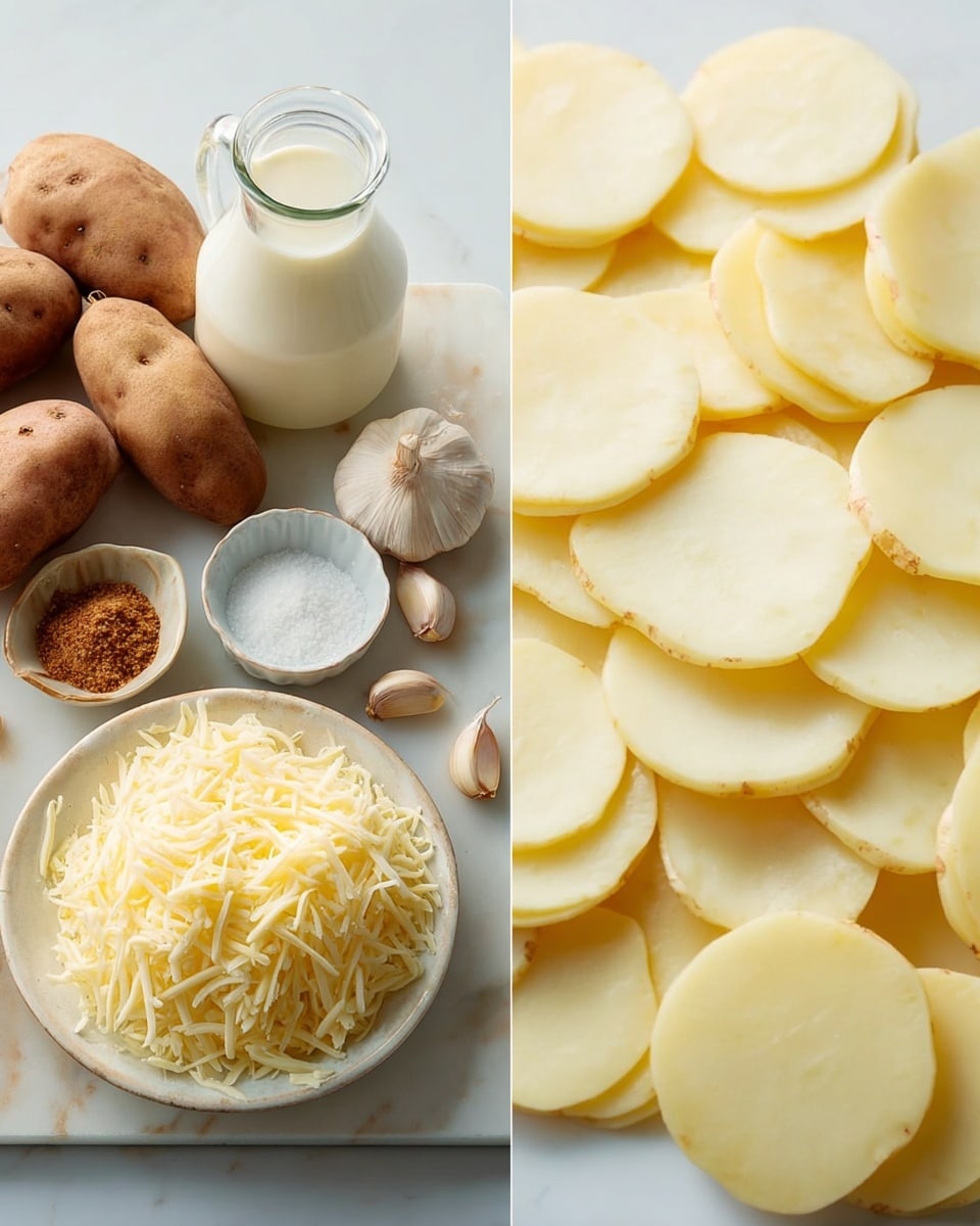 The image shows a close-up of thinly sliced potatoes layered closely together, each slice smooth and pale yellow, filling the entire frame and creating a soft, overlapping pattern. Next to it, there is a white marbled surface holding whole brown-skinned potatoes, a bowl of shredded pale yellow cheese, a glass jug of creamy milk, a small bowl of salt, two garlic cloves, and a tiny white dish with brown spice, all arranged neatly. The textures are clear with the roughness of potato skins contrasting the softness of cheese and milk bottles. photo taken with an iphone --ar 4:5 --v 7