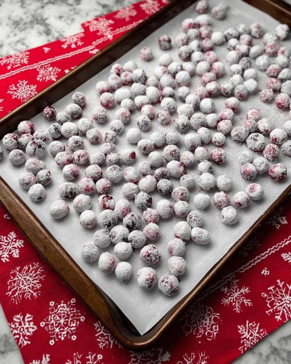 A baking tray filled with many small round berries covered in a white powder, spread out evenly on top of a white parchment paper. The berries are light purple red under the powder, visible in some spots where the powder is thin. The baking tray is dark metal and rests on a red and white cloth with a holiday snowflake pattern. The whole setup sits on a white marbled countertop. photo taken with an iphone --ar 4:5 --v 7