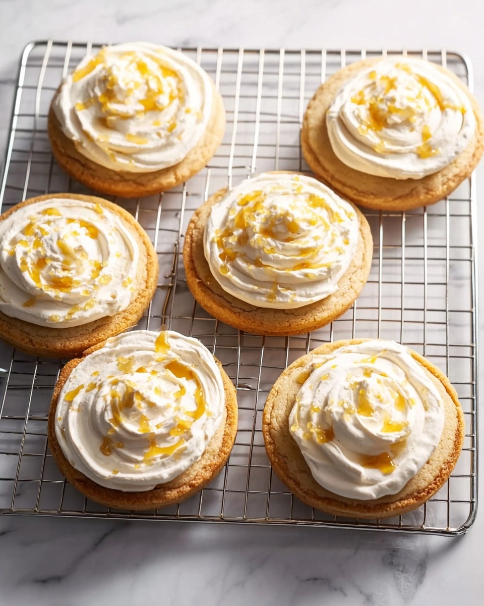 Five round cookies with a light golden brown base layer topped with a thick, swirled layer of white cream frosting. Each cookie has a drizzle of shiny golden syrup scattered unevenly over the frosting. The cookies rest on a metal cooling rack placed over a white marbled surface. The light casts soft shadows around the cookies, highlighting the texture of the frosting and the syrup. photo taken with an iphone --ar 4:5 --v 7