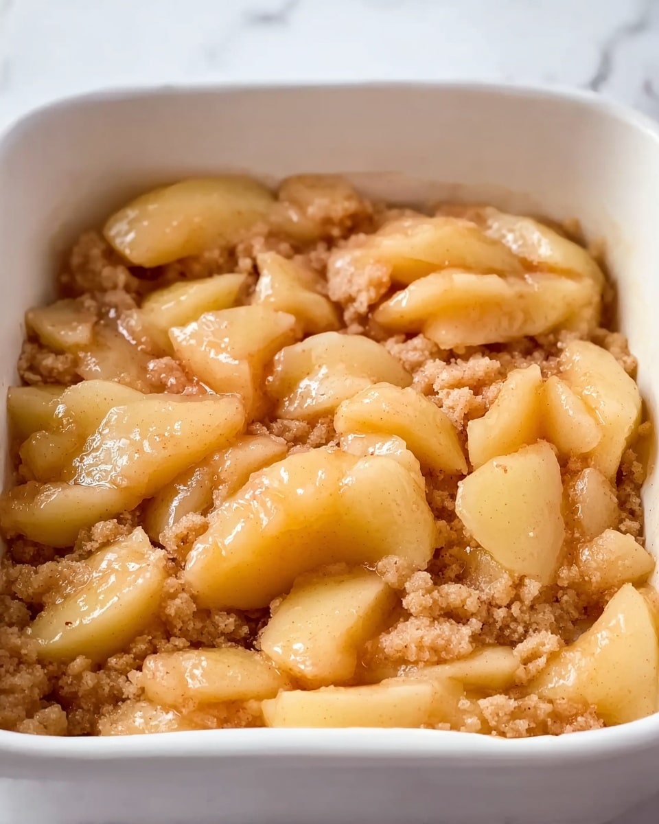 The image shows a close-up view of a white square dish filled with a mixture that appears to be soft cooked fruit pieces, most likely apple slices, layered with a crumbly, light brown topping. The fruit layer is shiny and translucent, showing a gentle golden color, while the crumbly layer beneath has a rough texture and a lighter shade. The dish is arranged simply, with the fruit pieces spread evenly throughout the crumbly base inside the white square container. The background is a white marbled texture. photo taken with an iphone --ar 4:5 --v 7