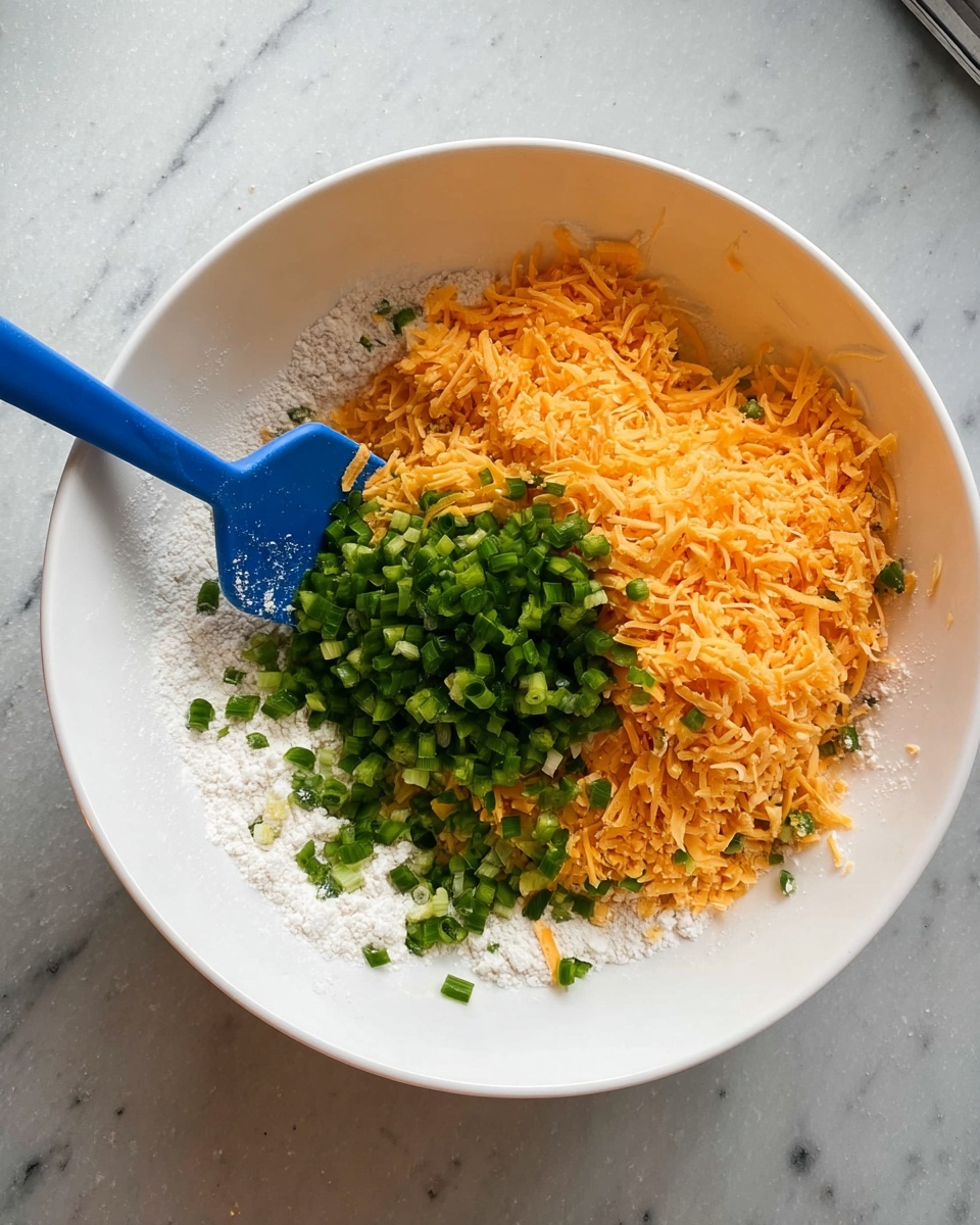 Cheesy Jalapeño Shortbread Recipe 4 A white bowl sits on a white marbled surface filled with a mix of white flour spread evenly as the bottom layer, a large mound of shredded orange cheese layered in the center, and finely chopped green peppers piled on top. A blue spatula is resting inside the bowl on the left side, partially submerged in the ingredients. The colors contrast well with the white bowl and marbled surface, creating a fresh and vibrant look. Photo taken with an iphone --ar 4:5 --v 7