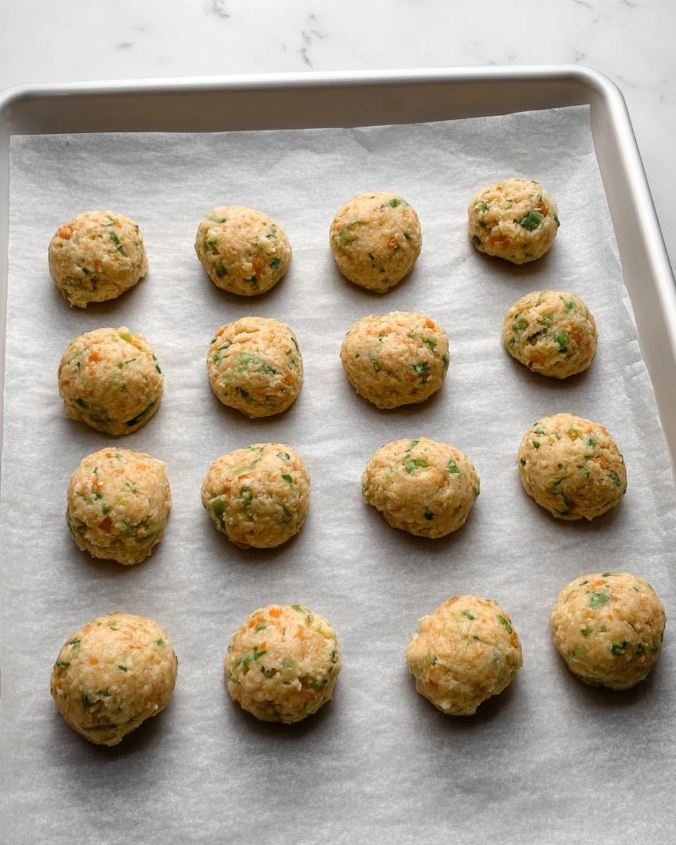 Cheesy Jalapeño Shortbread Recipe 5 The image shows a white baking tray lined with light gray parchment paper. On the paper, there are twelve small round dough balls, each light golden brown with green and orange specks inside, suggesting herbs and vegetables. The dough balls are evenly spaced in three rows, each ball having a slightly uneven but smooth surface texture. The whole setting is on a white marbled surface, creating a clean and bright background. photo taken with an iphone --ar 4:5 --v 7