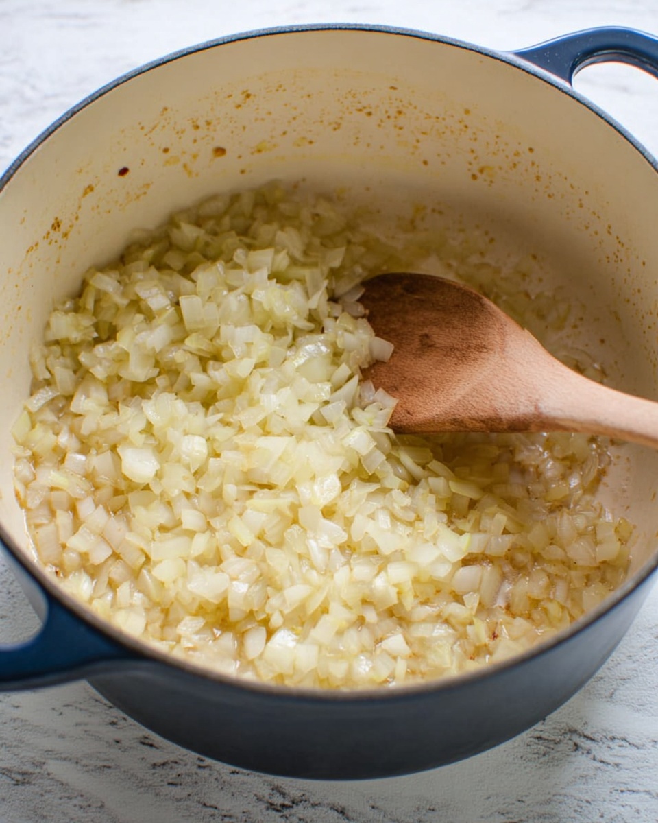 A close-up image shows a white pot with a dark blue outer surface placed on a white marbled background. Inside the pot, finely chopped onions are being cooked; they look soft and slightly translucent with a pale yellow color. A wooden spoon with a smooth texture is stirring the onions from the left side of the pot. The surface beneath the onions has some light brown spots, indicating the onions are gently cooking. photo taken with an iphone --ar 4:5 --v 7