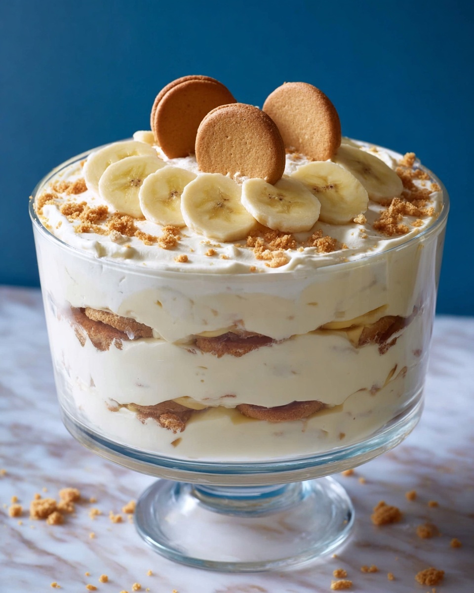 Magnolia Bakery's Famous Banana Pudding Recipe 5 A tall clear glass dish shows a layered dessert with about five layers. The base layer is soft white cream, followed by a layer of light brown round cookies partially soaked and slightly visible through the cream. Above that is another thick layer of smooth white cream, then another layer of cookies soaked in cream, and a final top layer of white cream. The top is decorated with slices of yellow banana arranged in a circle, with four round cookies standing upright in the middle, and small cookie crumbs scattered around. The dish sits on a white marbled surface with a blue background. Photo taken with an iphone --ar 4:5 --v 7