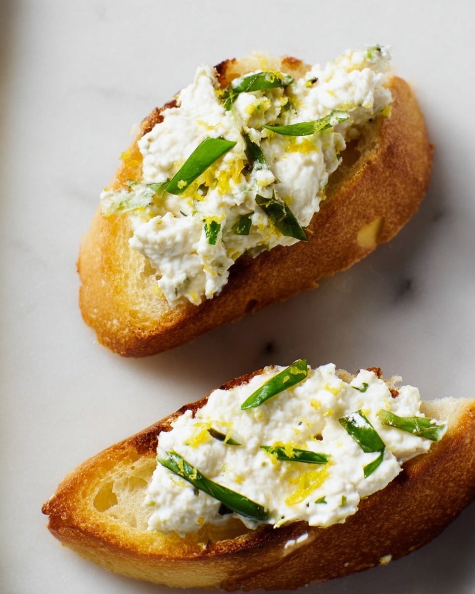 Two pieces of toasted bread sit on a white marbled surface, each topped with a thick, creamy white cheese spread mixed with small bright green basil strips and a few light yellow lemon zest bits. The bread is golden brown with a slightly crunchy texture and a porous interior. The cheese layer looks soft and airy, generously covering the top surface of each bread slice. photo taken with an iphone --ar 4:5 --v 7