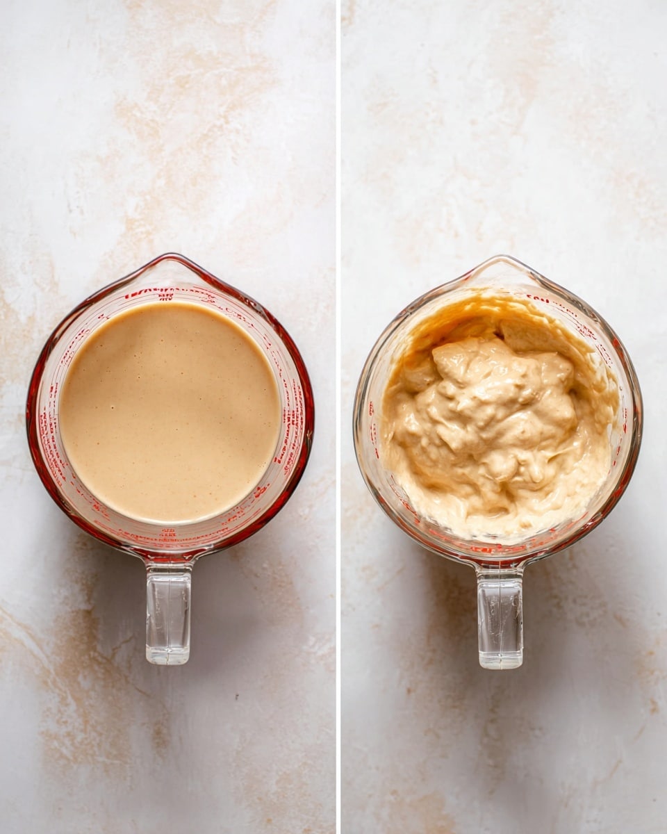 The image shows two clear glass measuring cups placed side by side on a white marbled surface. The left measuring cup contains a smooth, light beige liquid with a thick texture, filling the cup about halfway. The right measuring cup has a chunky, creamy mixture with the same light beige color but with visible small pieces mixed inside, also filling about the same level. Both cups have red measurement markings on the outside and a clear handle pointing towards the right. photo taken with an iphone --ar 4:5 --v 7