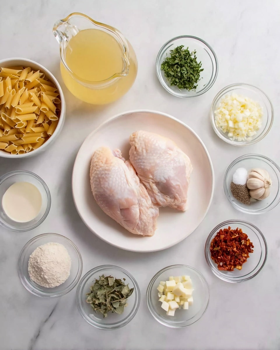 The image shows two raw chicken pieces placed side by side on a white plate in the center. Surrounding the plate, there are small clear glass bowls arranged neatly, each holding different ingredients: chopped green leaves at the top, two small whole garlic cloves, dried herbs, ground black pepper, diced sun-dried tomatoes, white powder (likely flour), finely chopped garlic, diced onions, and a light cream liquid in a small measuring cup. To the left of the plate, there is a bowl of uncooked pale yellow pasta and a large glass jug filled with a yellowish broth, all set on a white marbled surface. photo taken with an iphone --ar 4:5 --v 7